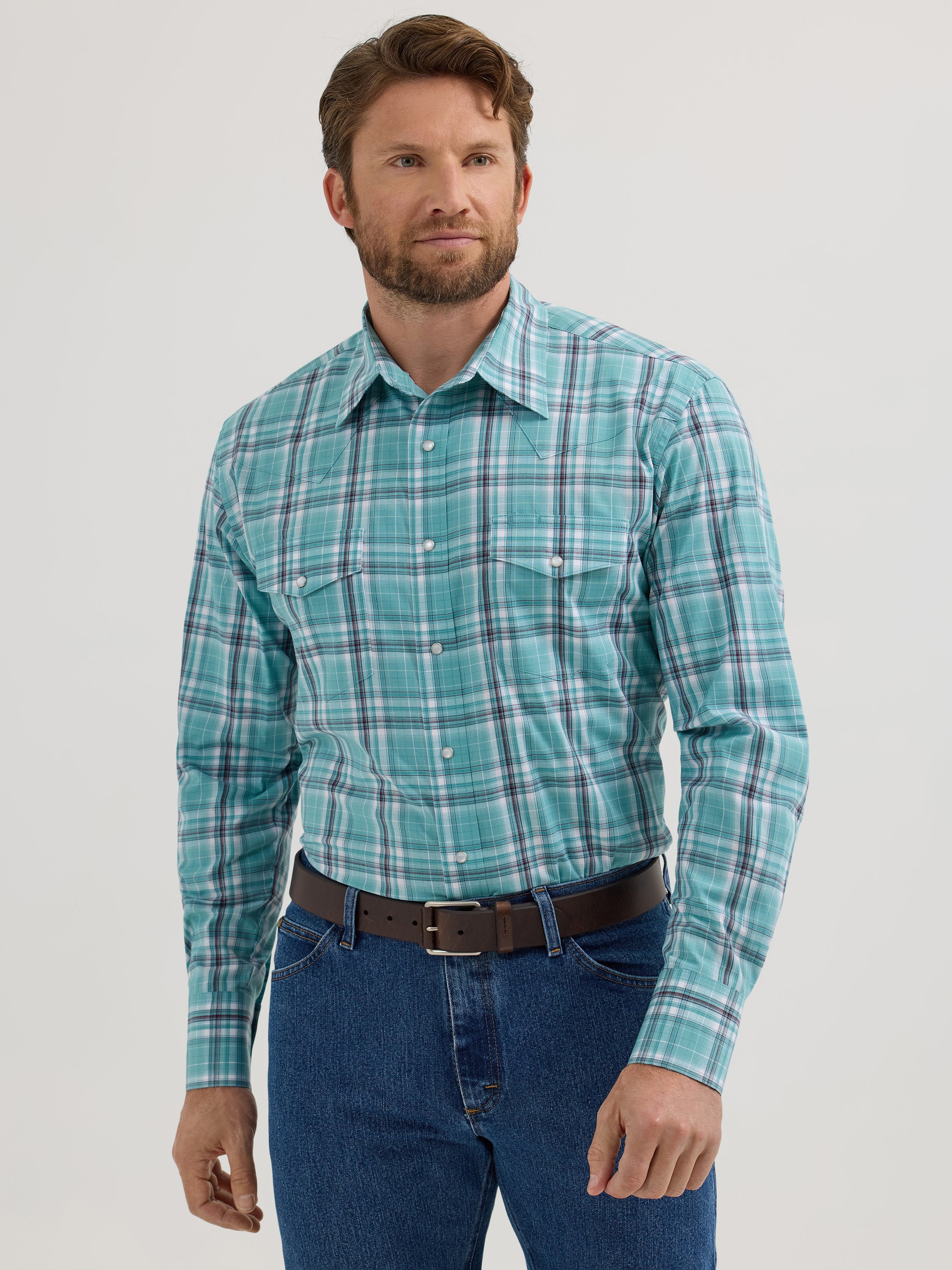 Wrangler Wrinkle Resistant Pearl Snap - Turquoise Plaid