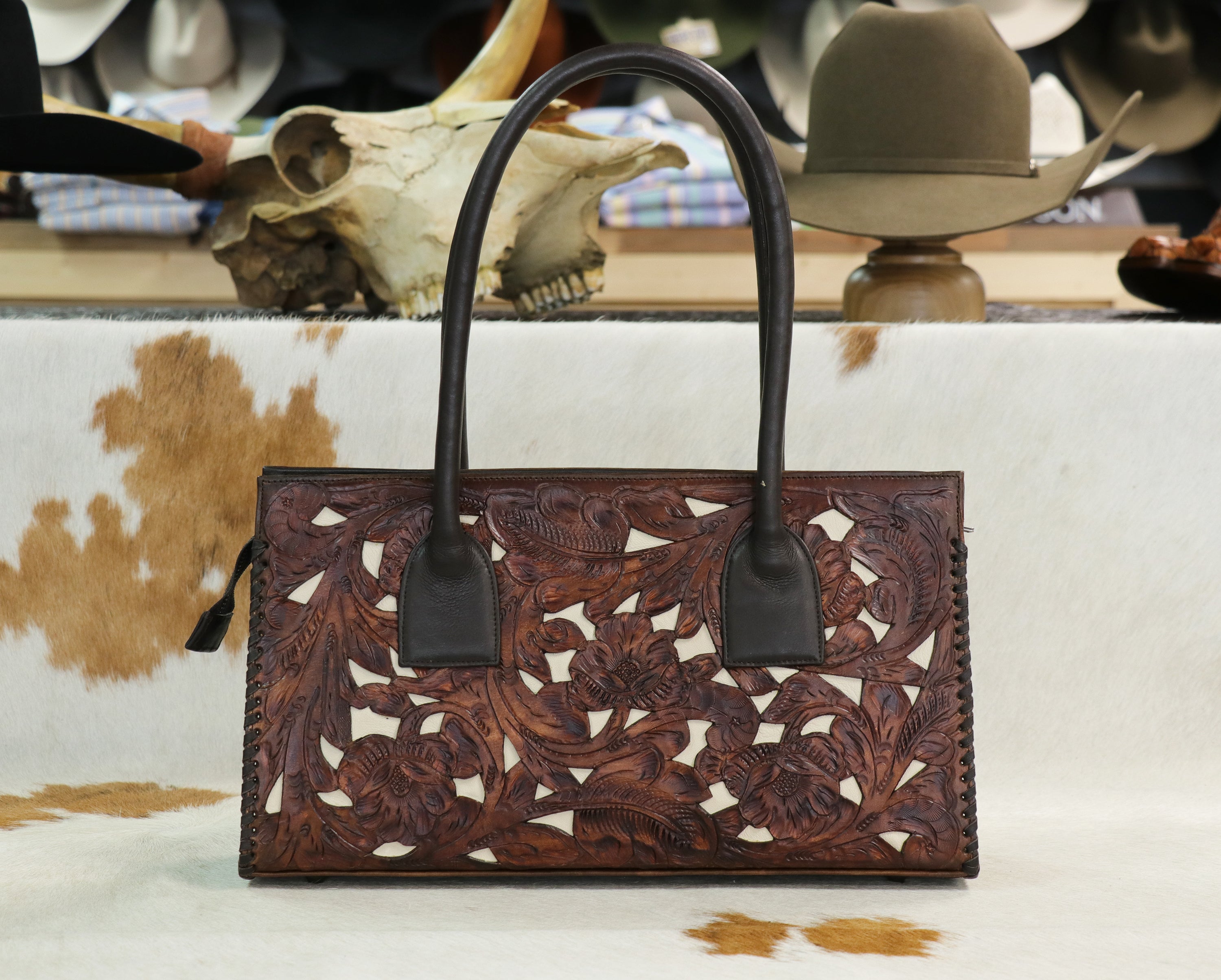2027TL Tooled Brown w/ Ivory Inlay Handbag