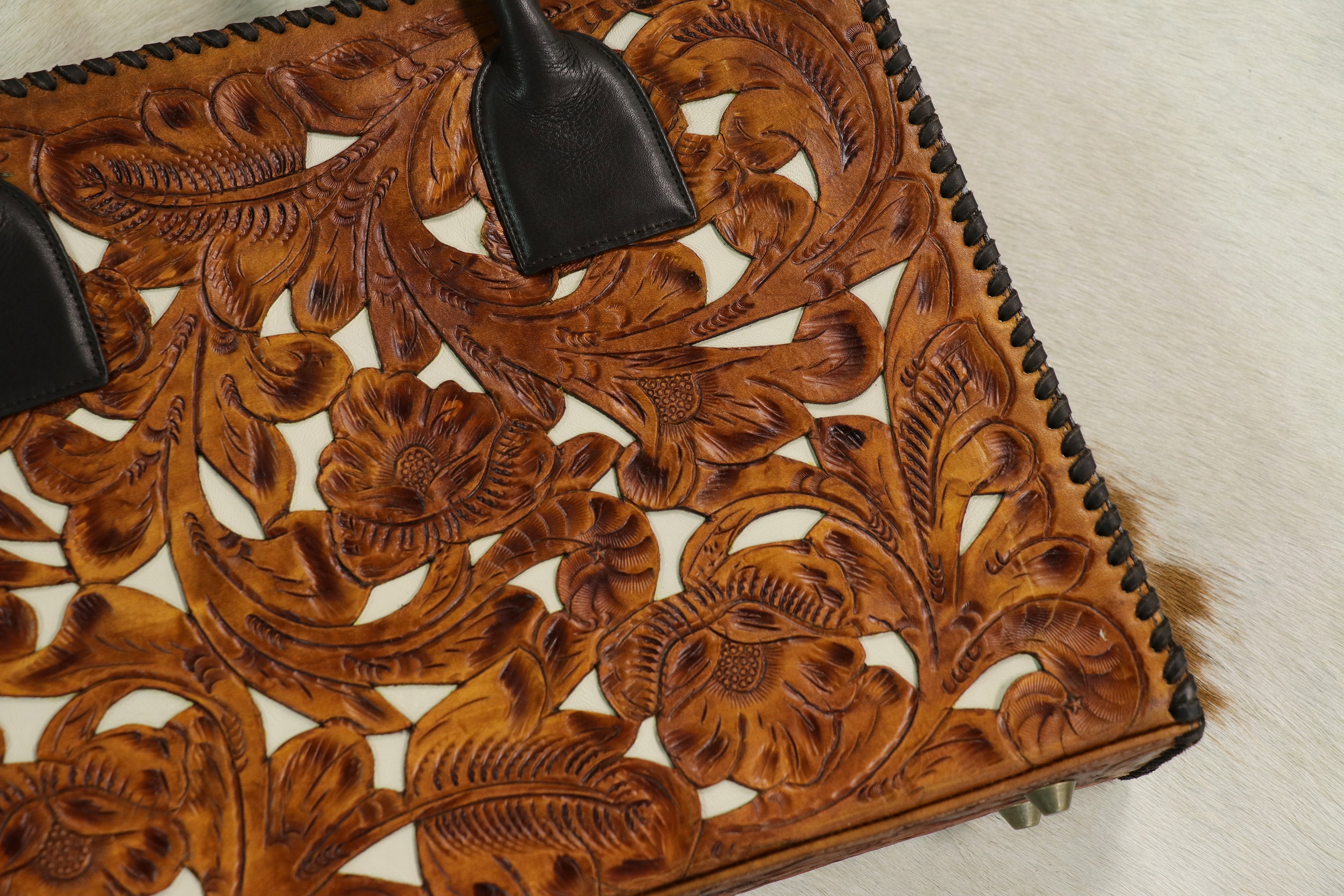 2003TL Hand Tooled Saddle Tan w/ Ivory Inlay Bag