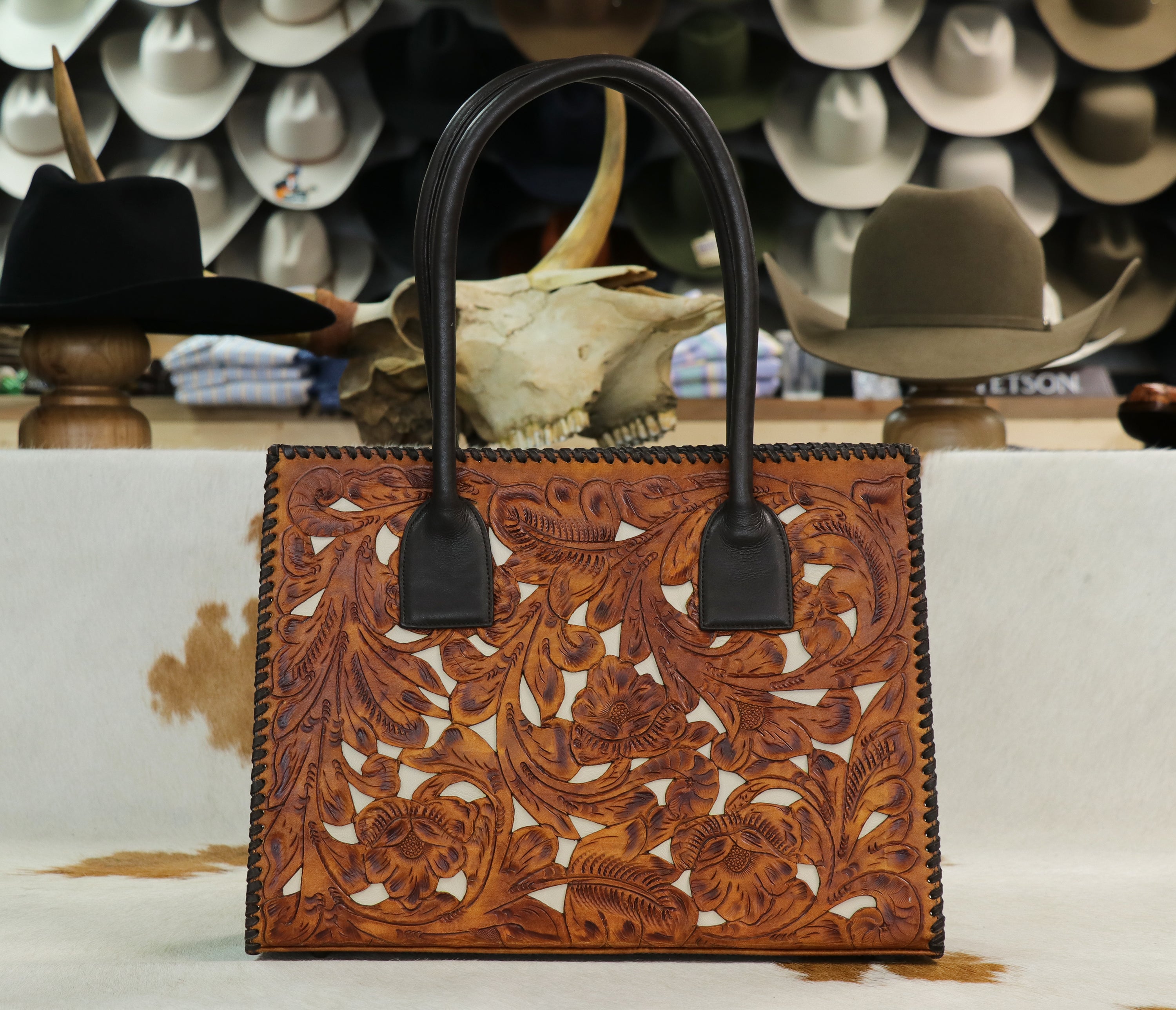 2003TL Hand Tooled Saddle Tan w/ Ivory Inlay Bag