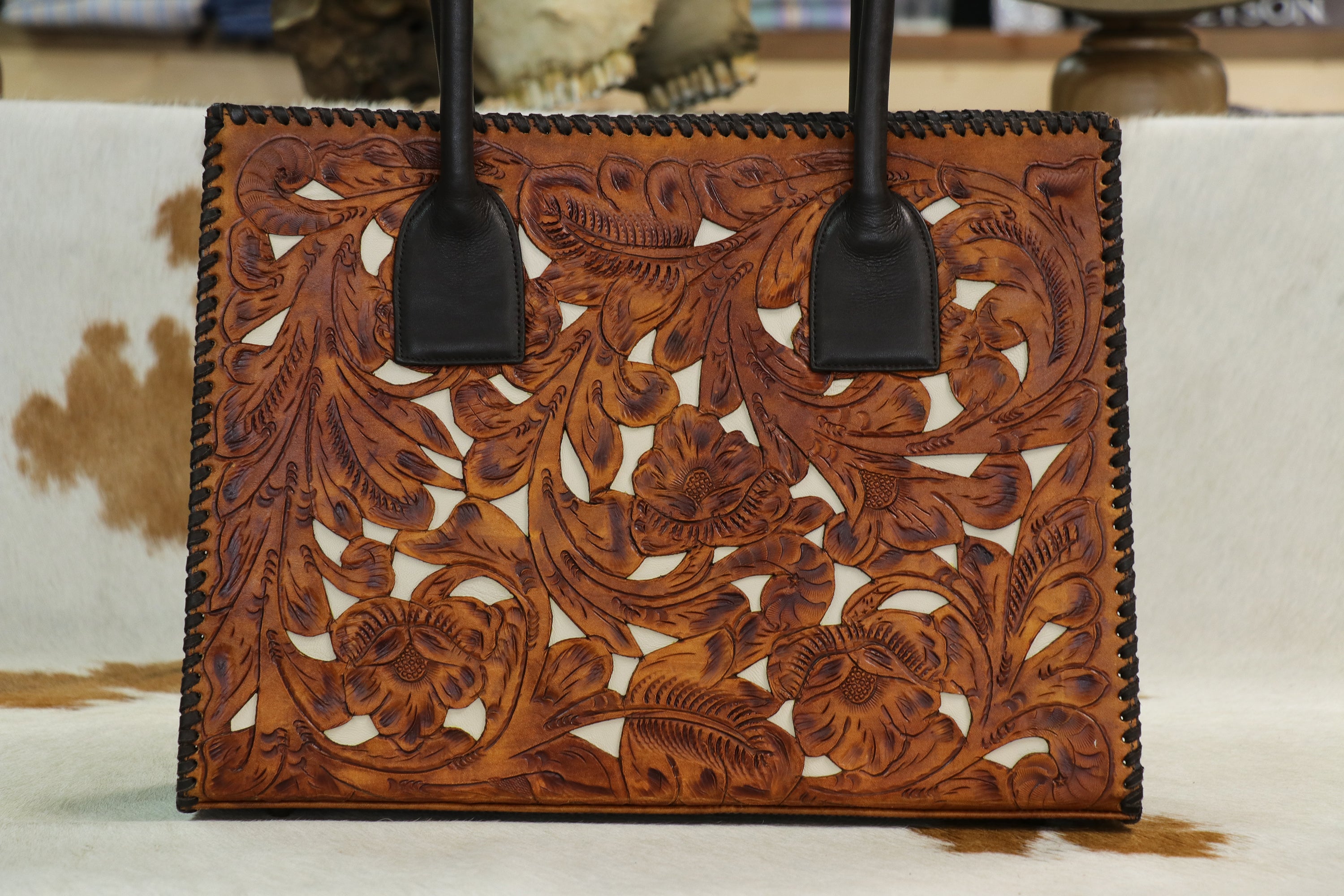 2003TL Hand Tooled Saddle Tan w/ Ivory Inlay Bag