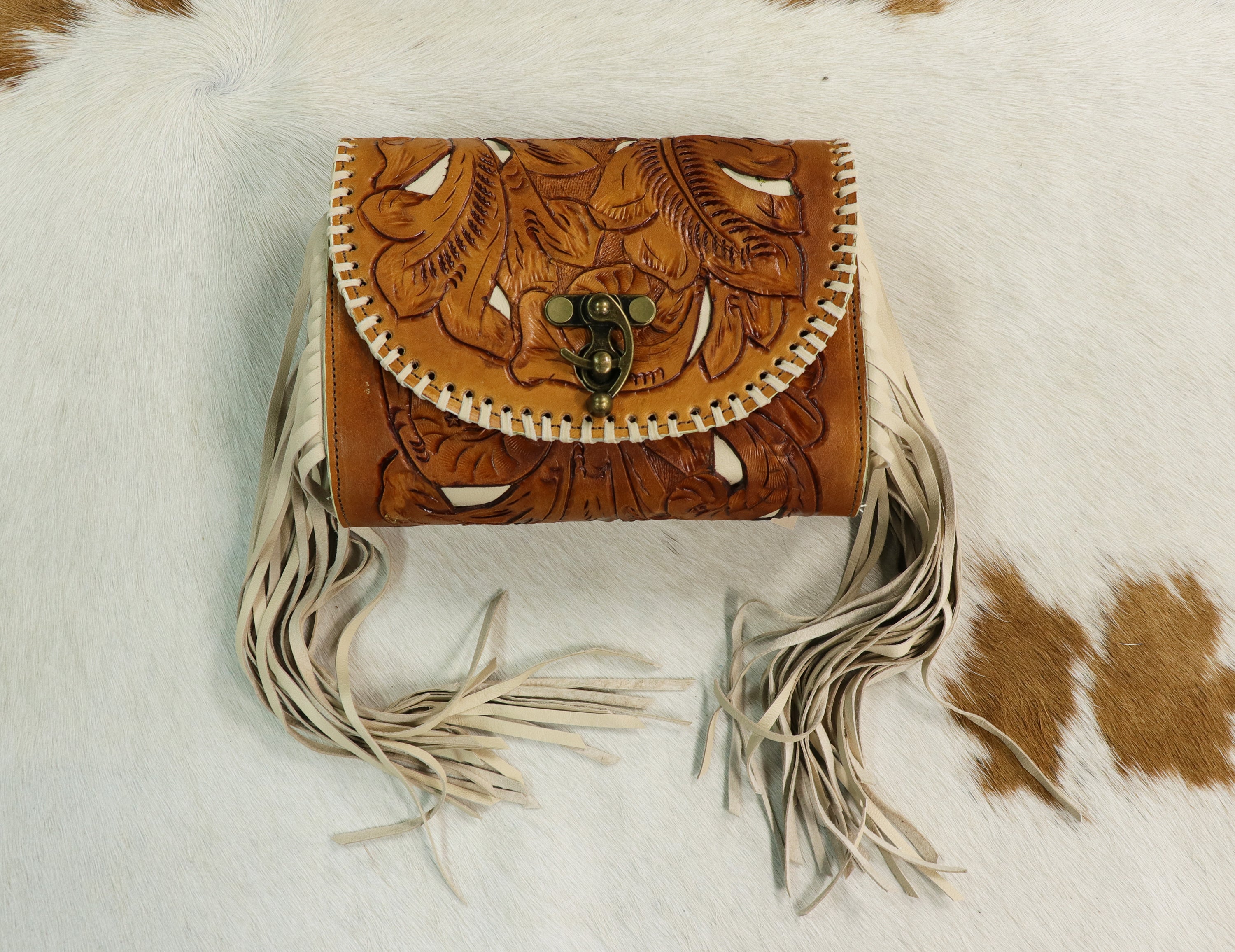 027TL Tooled Saddle Tan w/ Ivory Inlay & Fringe
