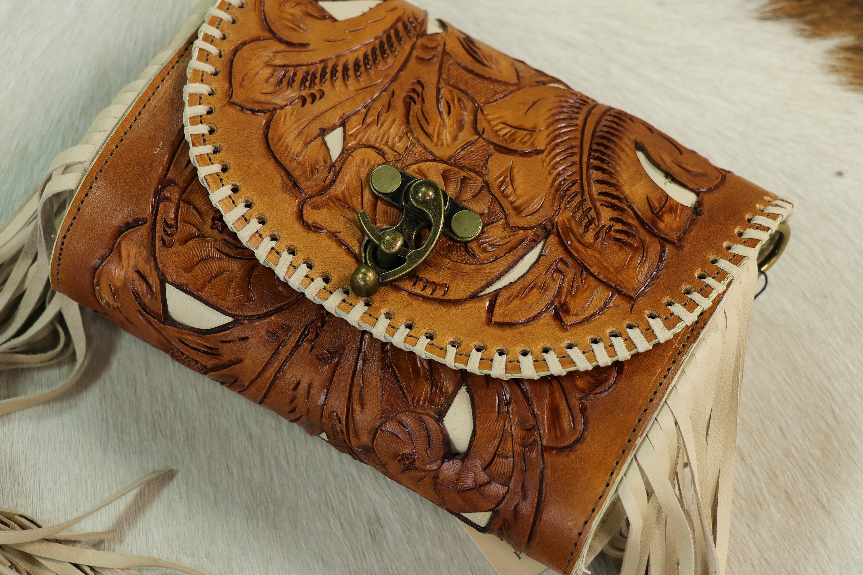 027TL Tooled Saddle Tan w/ Ivory Inlay & Fringe