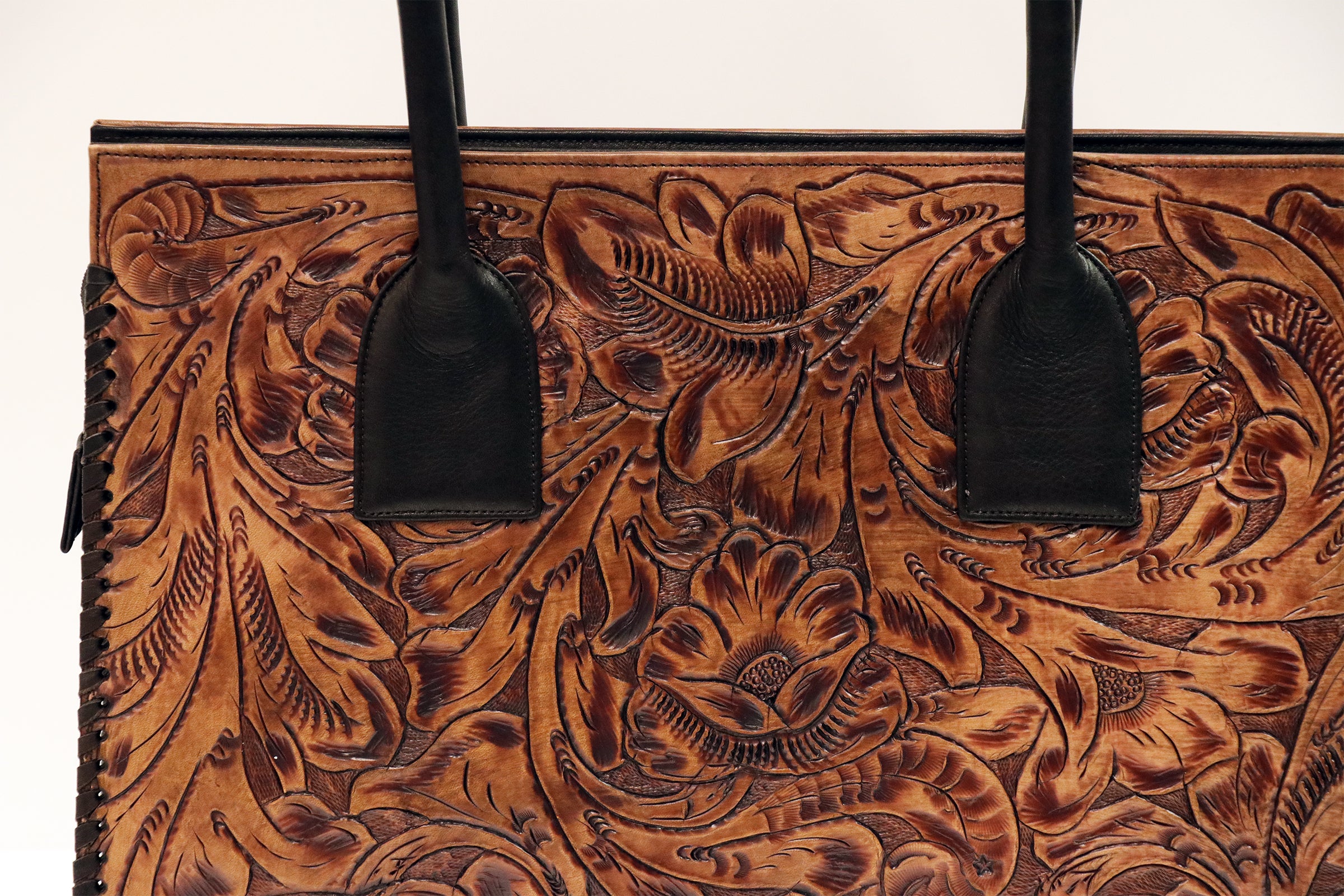 Hand Tooled Tote Bag with Bison Trim