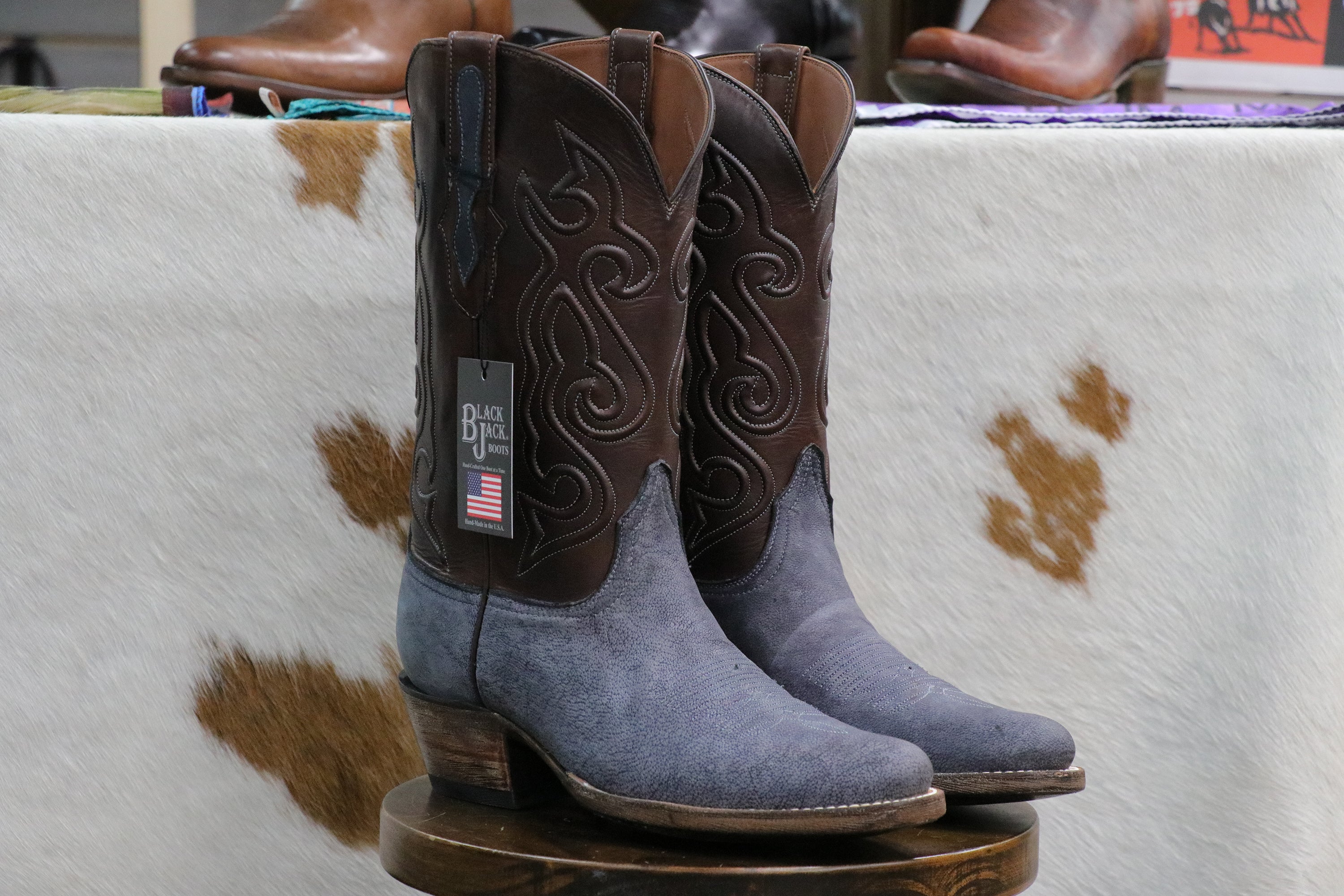 Camel Leather Cowboy Boots in Nubuck Denim