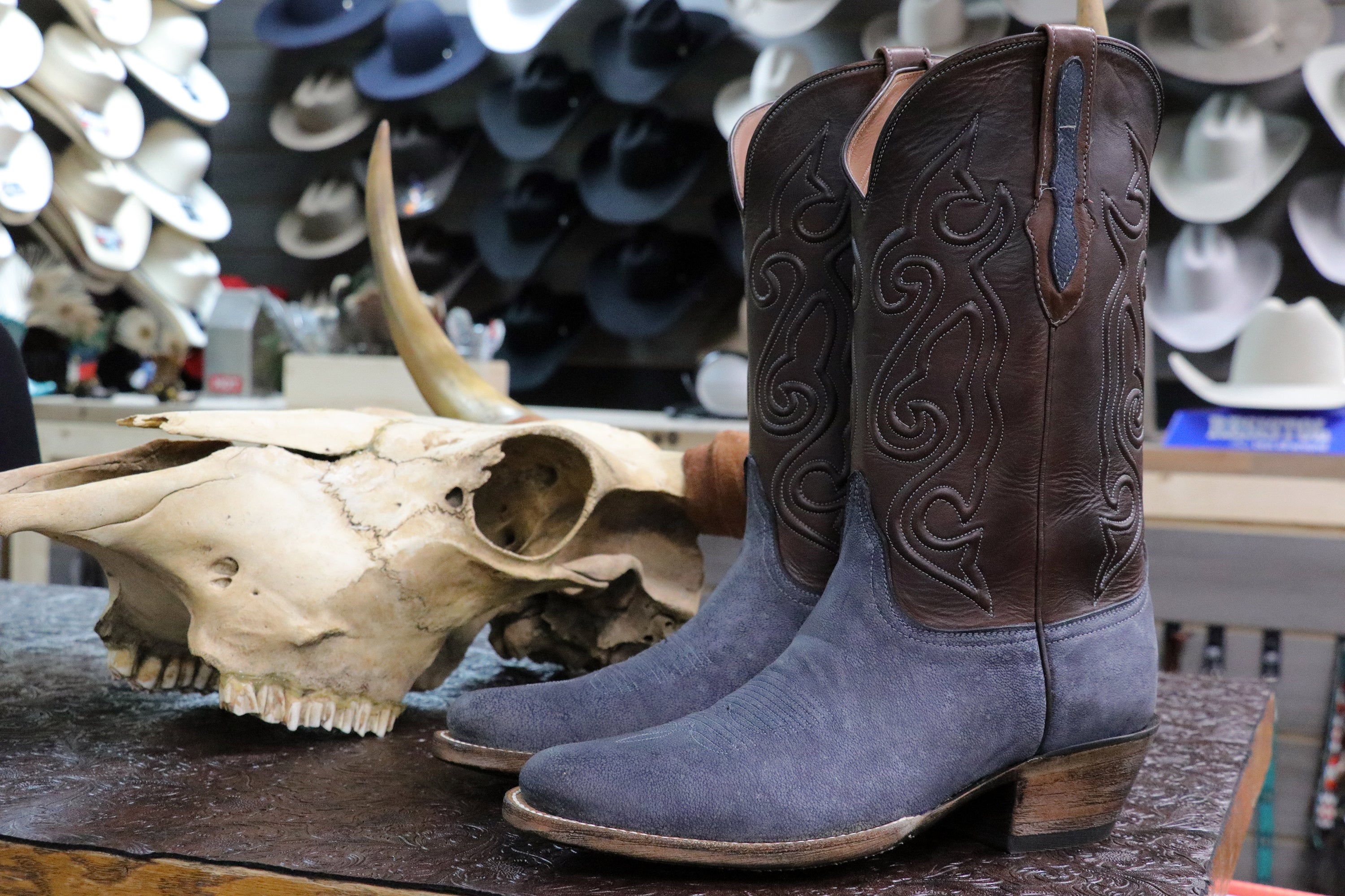 Camel Leather Cowboy Boots in Nubuck Denim