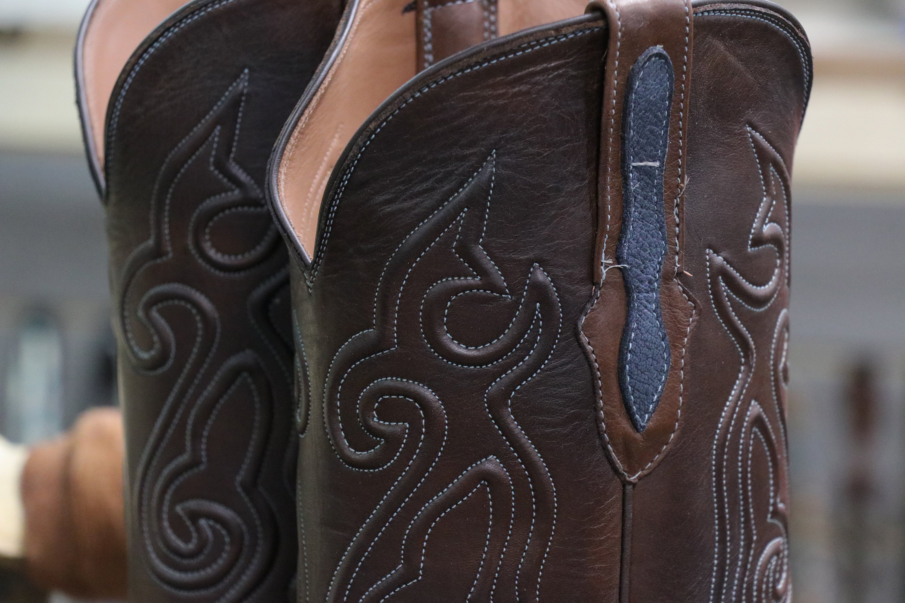 Camel Leather Cowboy Boots in Nubuck Denim