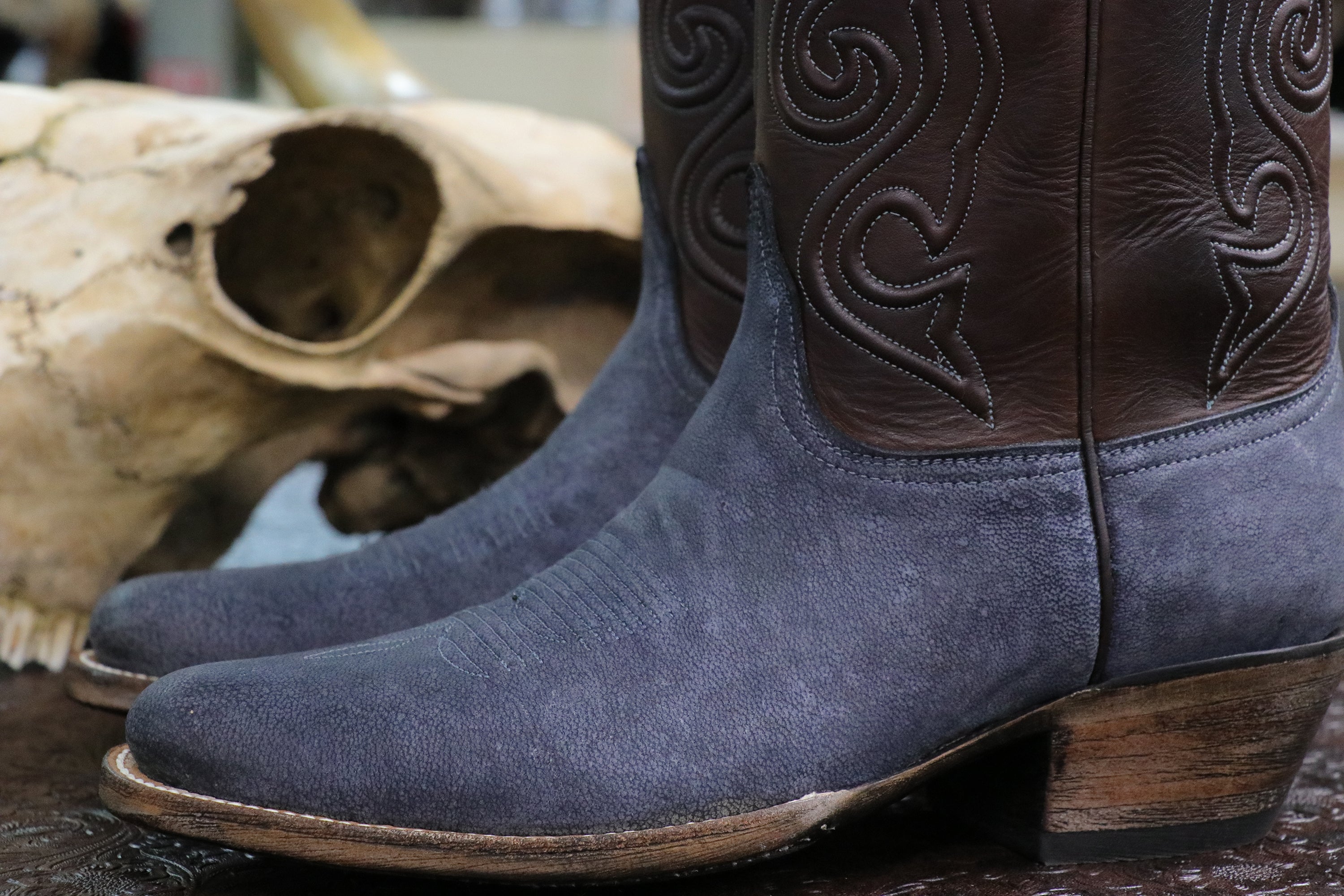 Camel Leather Cowboy Boots in Nubuck Denim