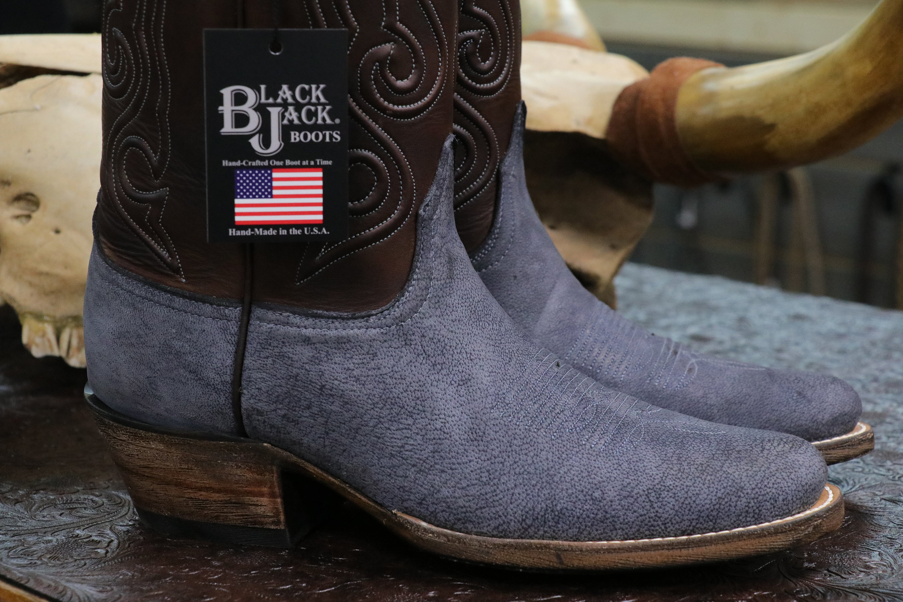 Camel Leather Cowboy Boots in Nubuck Denim