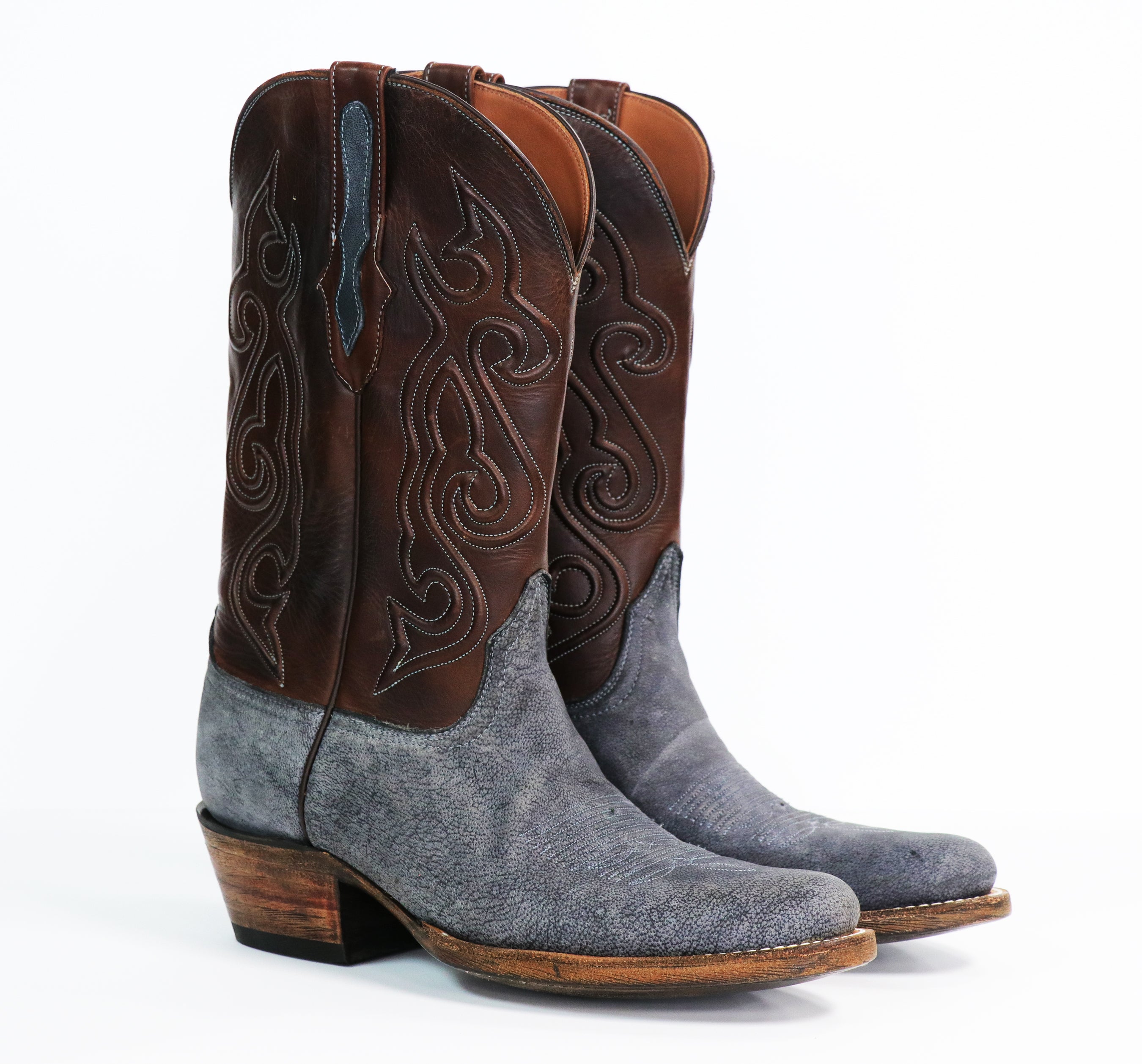 Camel Leather Cowboy Boots in Nubuck Denim
