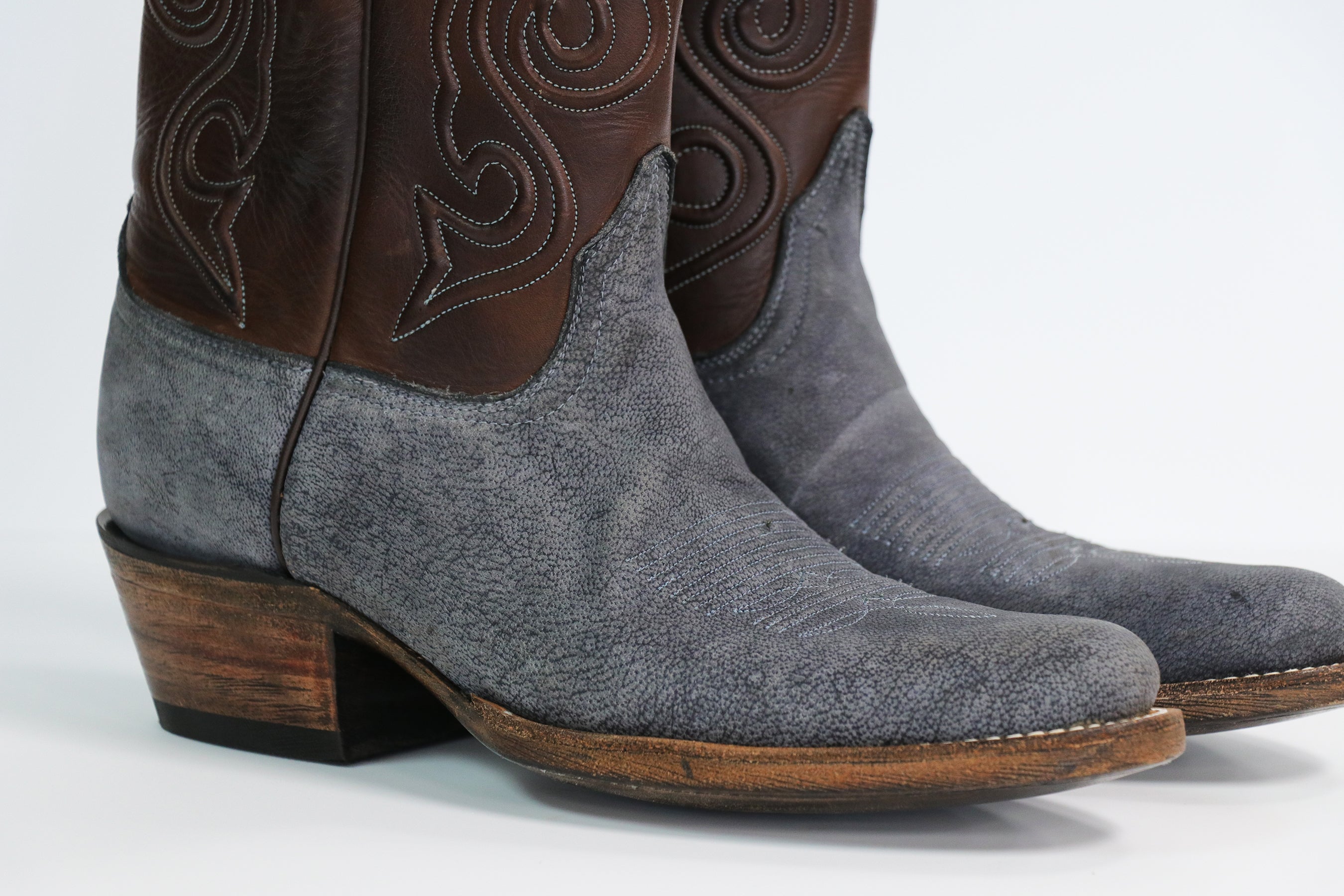 Camel Leather Cowboy Boots in Nubuck Denim