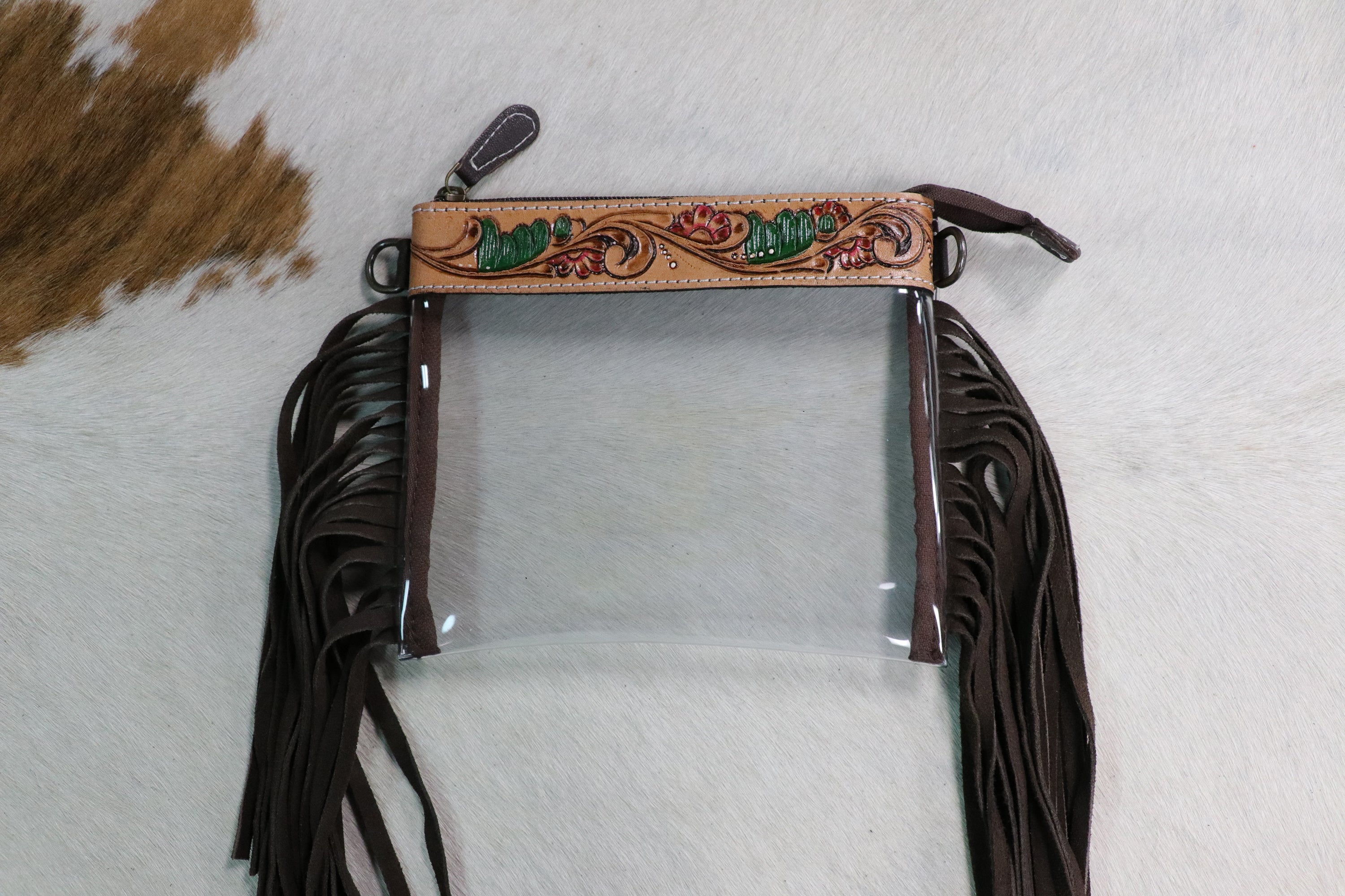 Clear Stadium Purse with Tooled Leather & Fringe