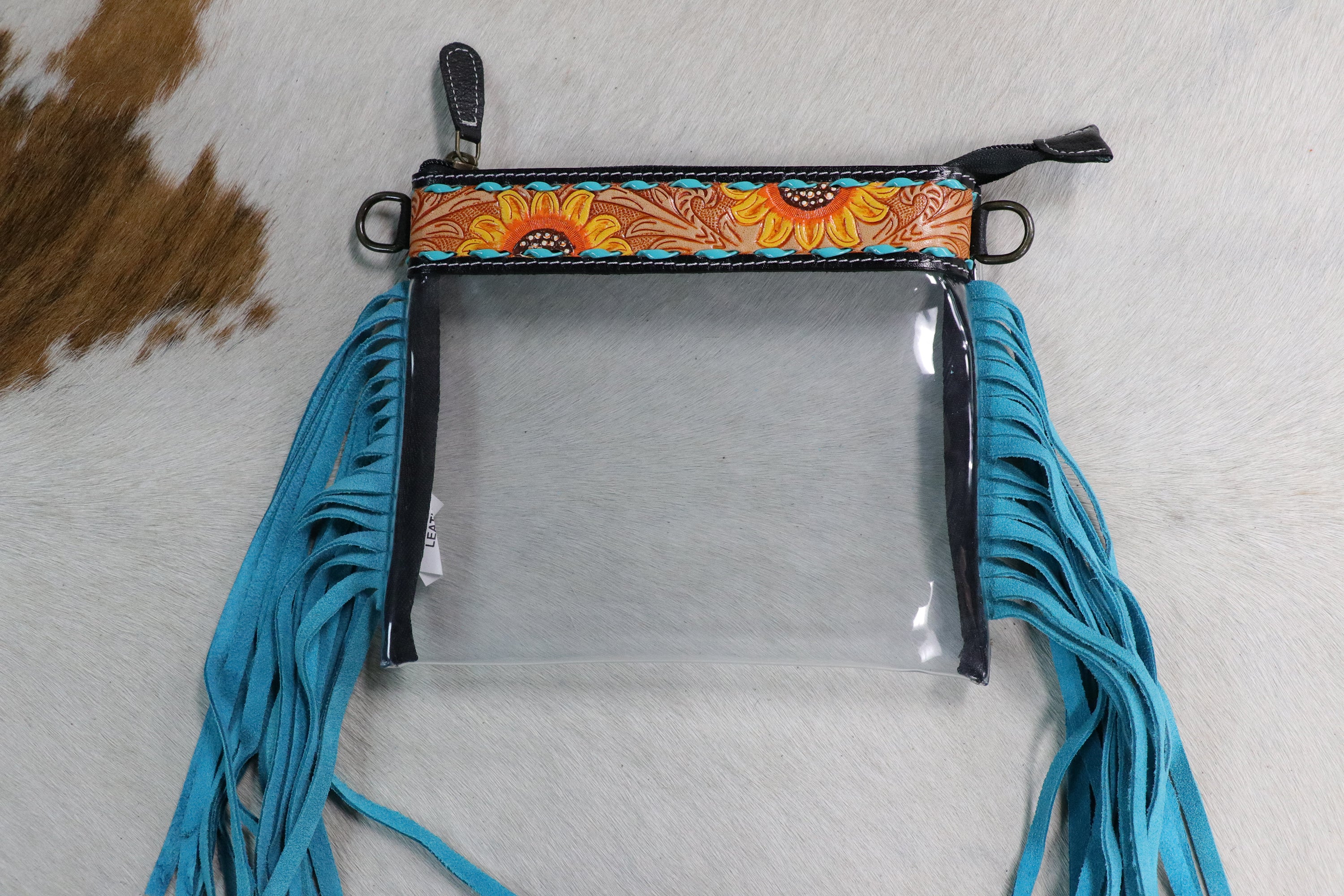 Clear Stadium Purse with Tooled Leather & Fringe