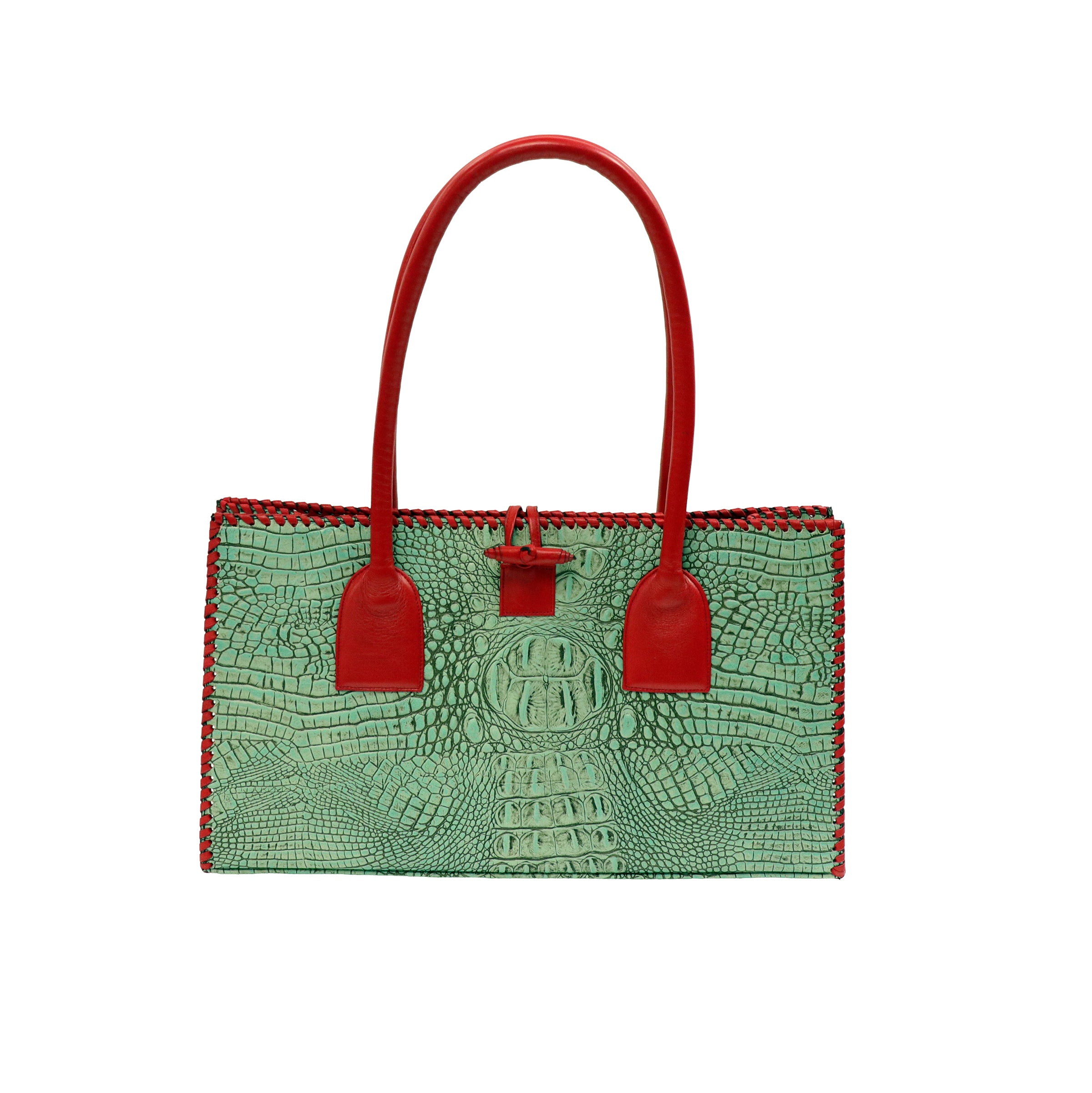 Turquoise Hornback Medium Tote with Red Trim
