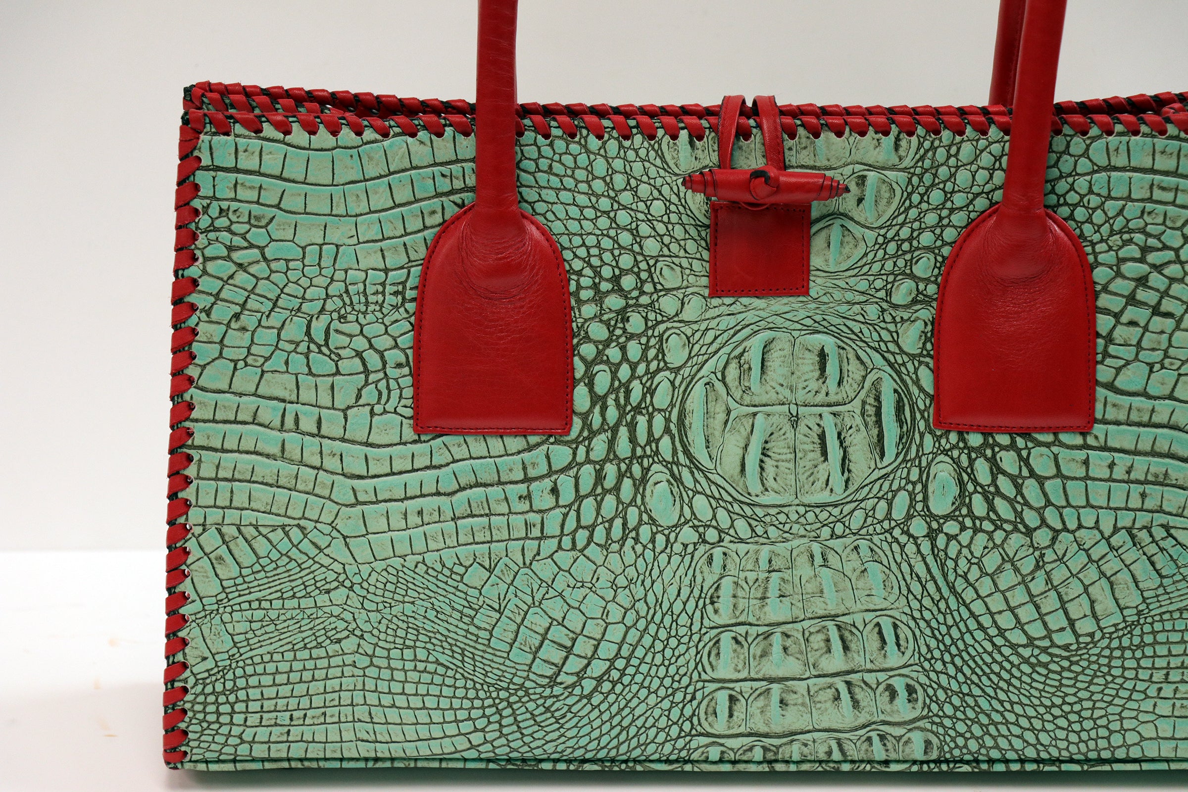 Turquoise Hornback Medium Tote with Red Trim