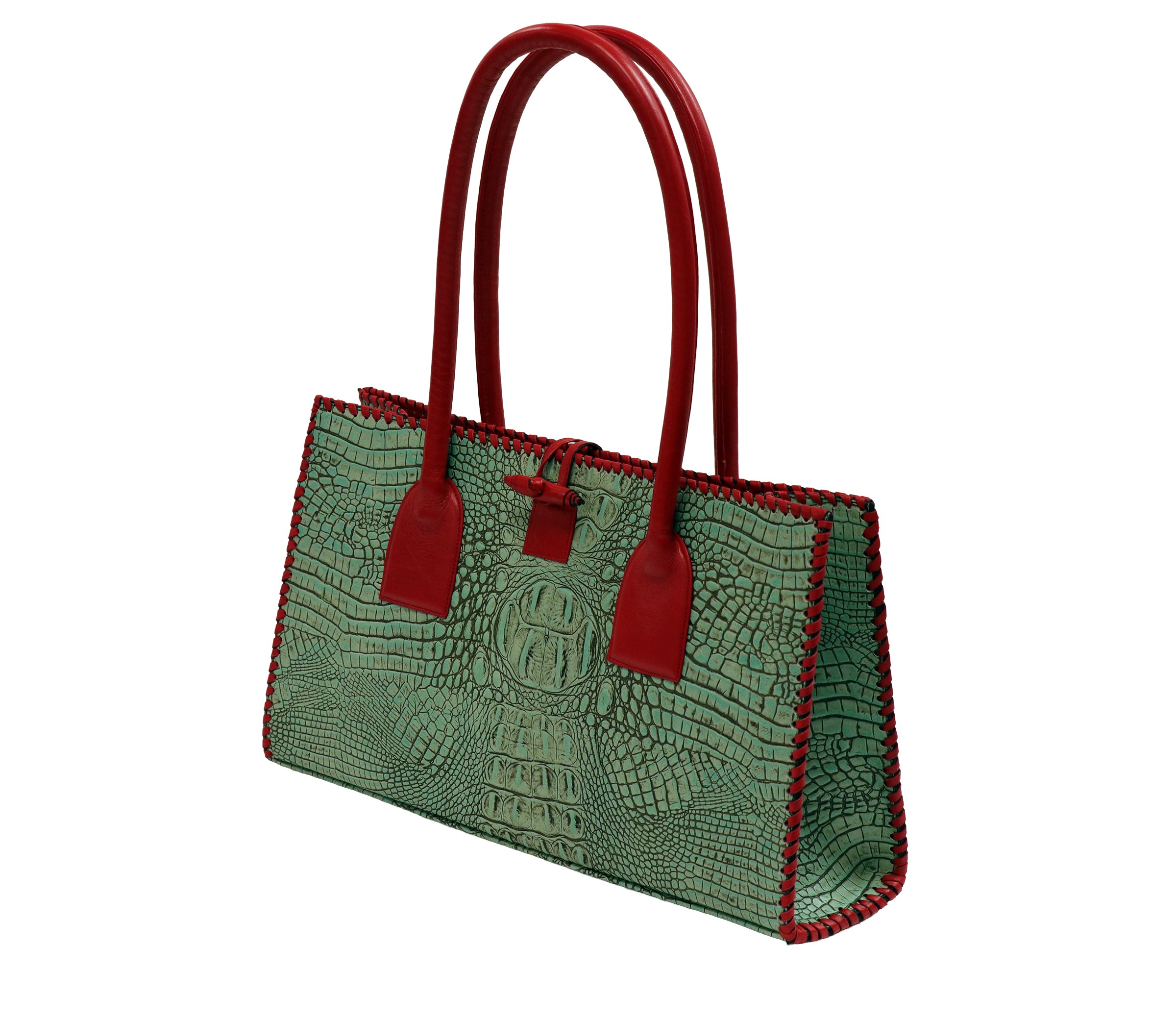 Turquoise Hornback Medium Tote with Red Trim