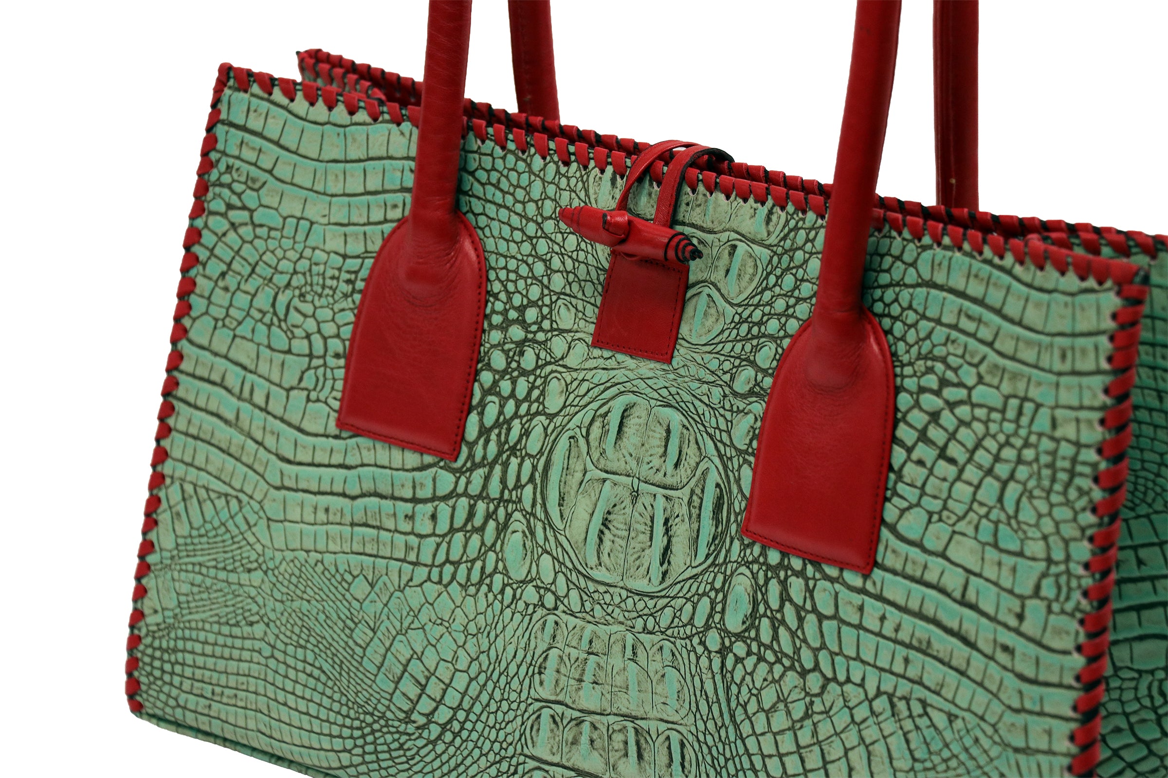 Turquoise Hornback Medium Tote with Red Trim