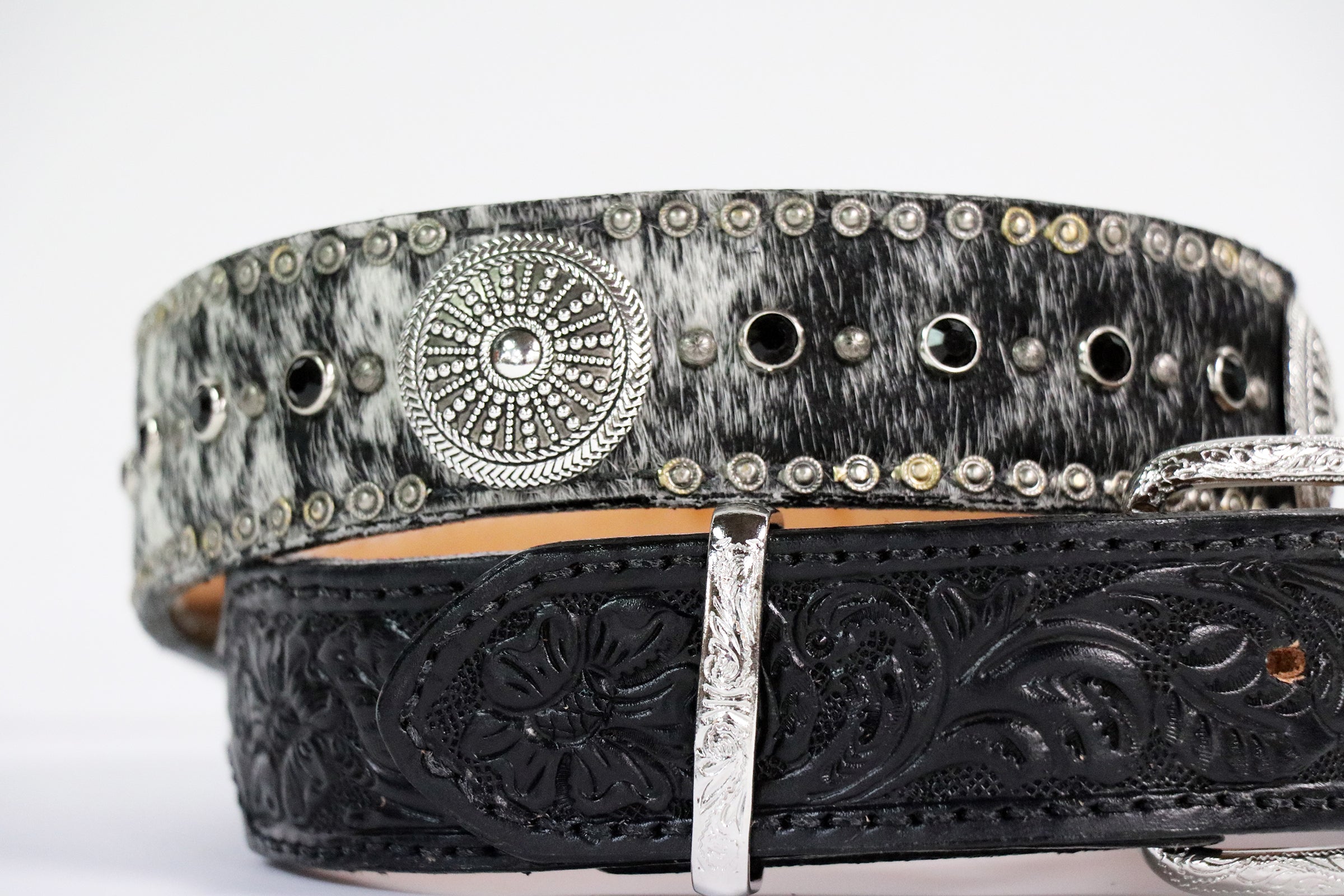 Black Roan Belt with Fancy Black Tooled Ends