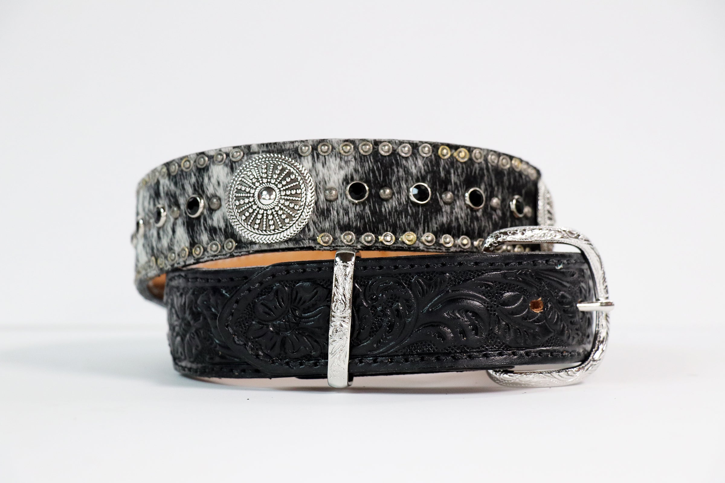 Black Roan Belt with Fancy Black Tooled Ends