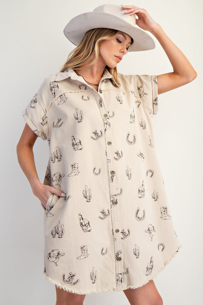 Western Print Shirt Dress
