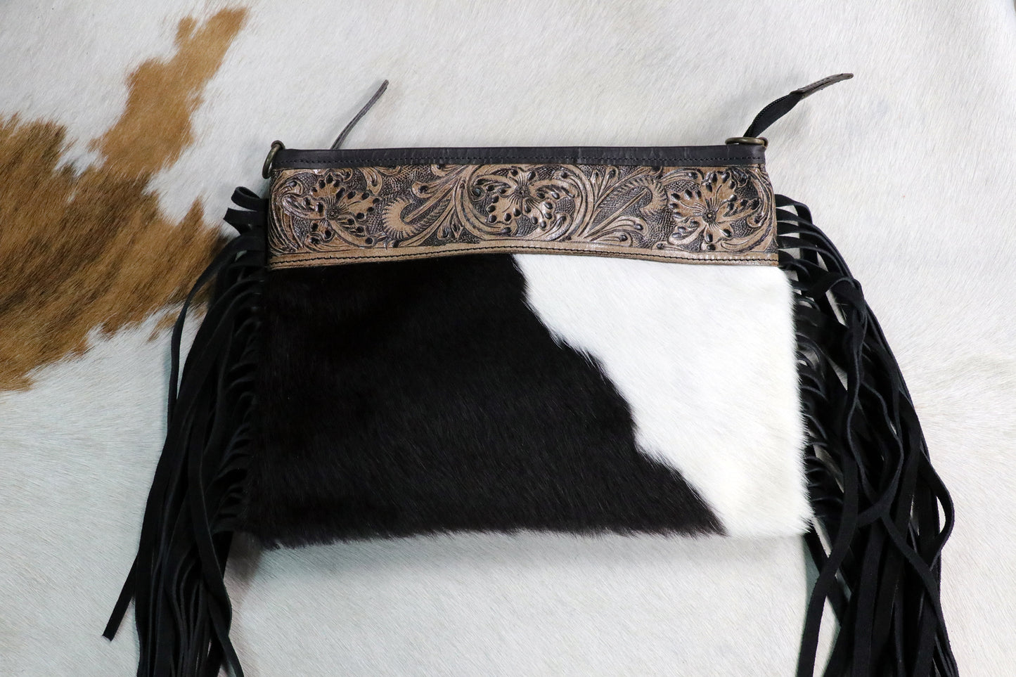 Cowhide Purse with Embossed Top & Fringe