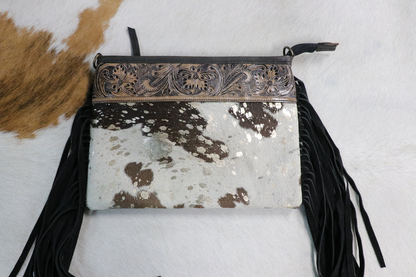 Cowhide Purse with Embossed Top & Fringe