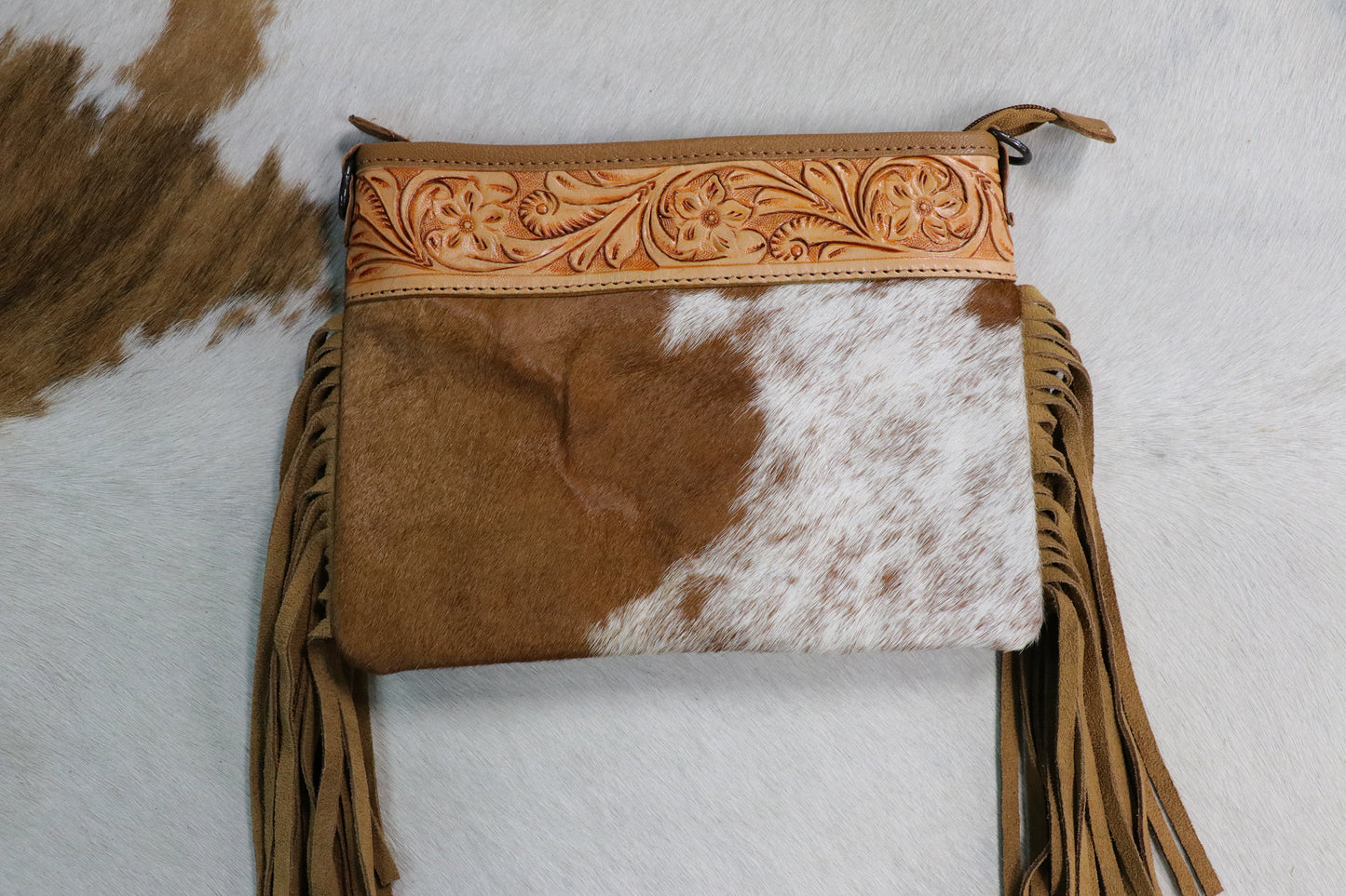 Cowhide Purse with Embossed Top & Fringe