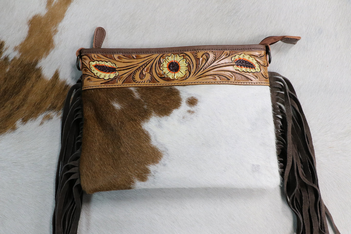 Cowhide Purse with Embossed Top & Fringe