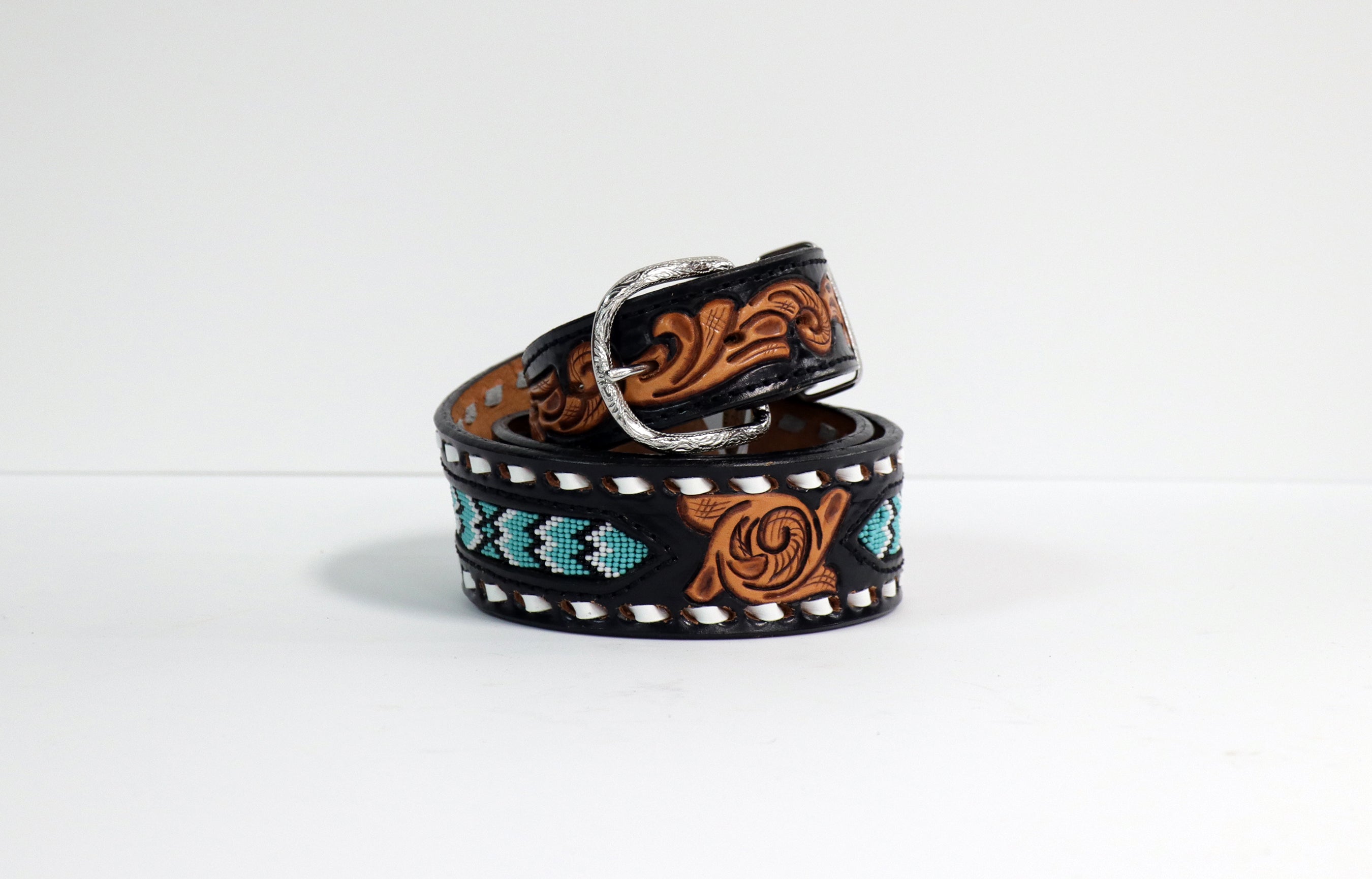 B915 Beaded & Hand-Tooled Belt in Black