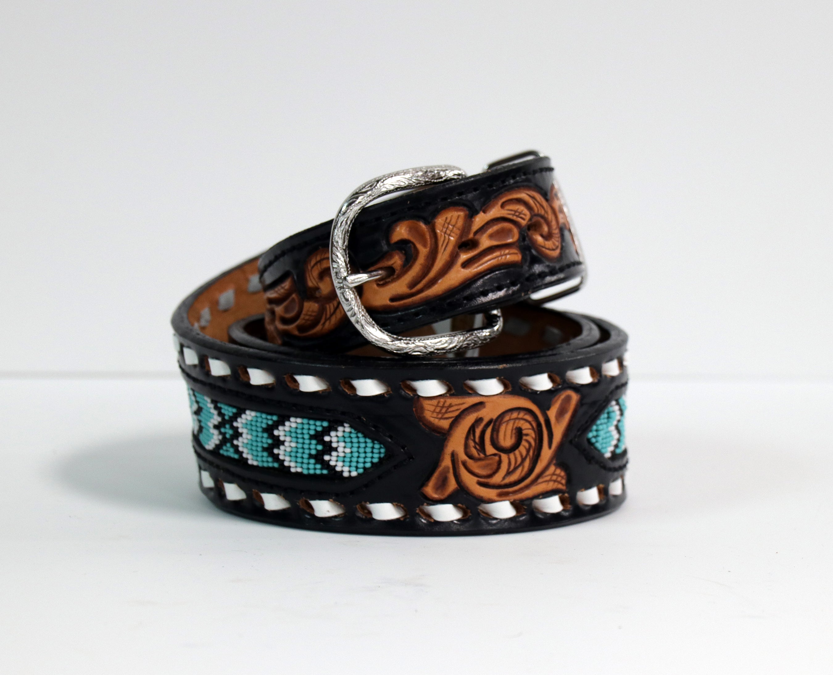 B915 Beaded & Hand-Tooled Belt in Black