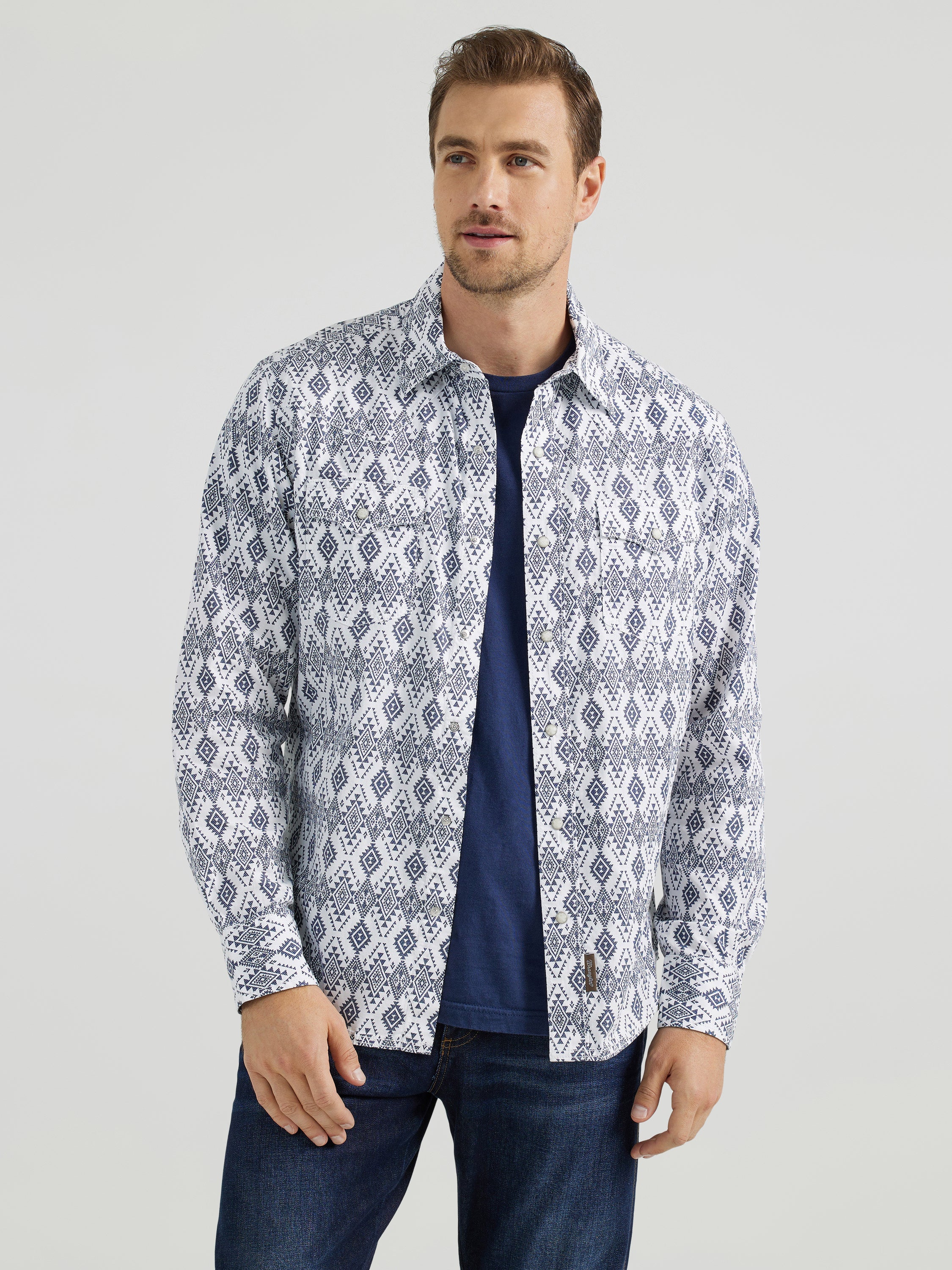 Retro Premium Western Snap Shirt in Navy Diamonds