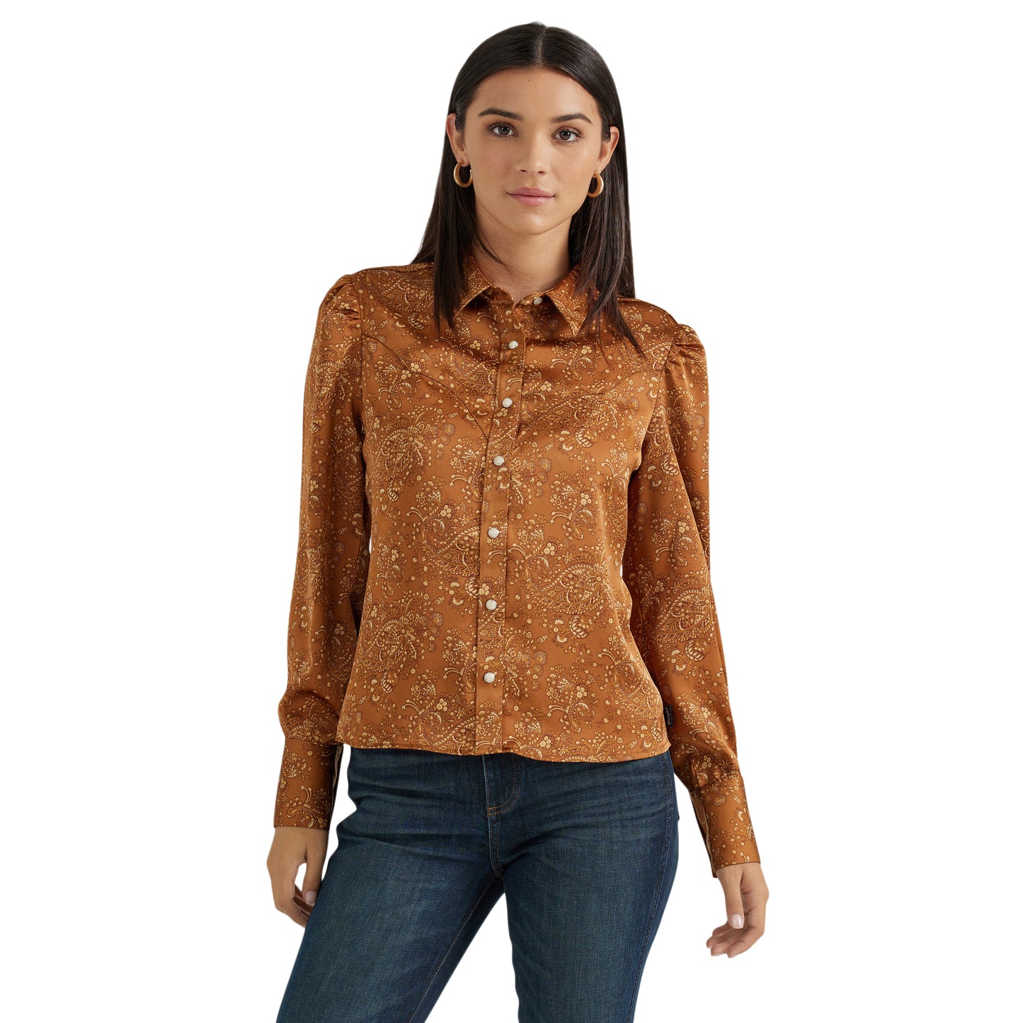 Women's Satin Rodeo Blouse in Brown Paisley