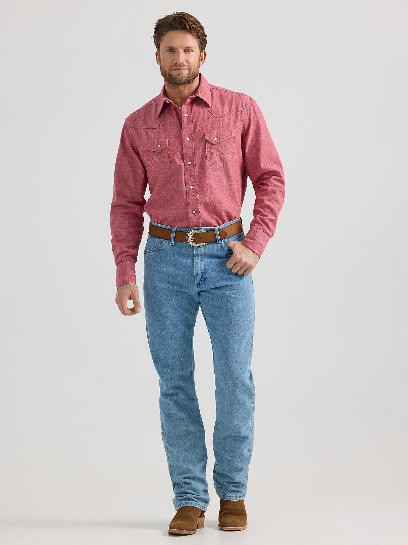 Vintage Inspired Western Snap Workshirt - Chambray Red