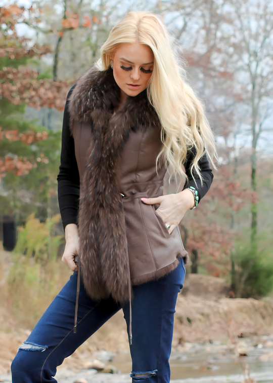 Shearling, Raccoon & Fox Vest in Brown