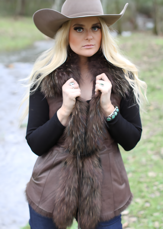 Shearling, Raccoon & Fox Vest in Brown