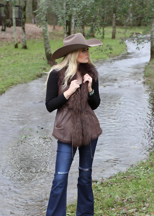 Shearling, Raccoon & Fox Vest in Brown