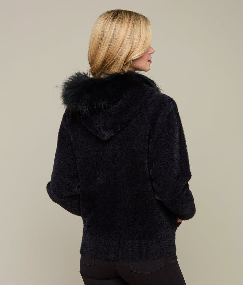 Silk, Cashmere, and Fur Hooded Jacket in Black