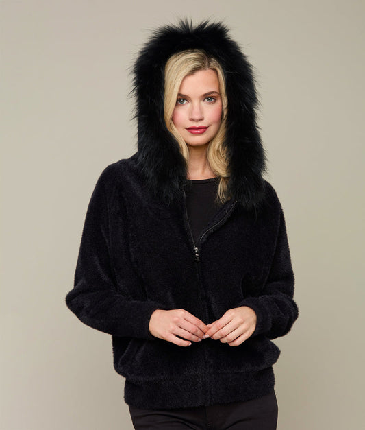 Silk, Cashmere, and Fur Hooded Jacket in Black