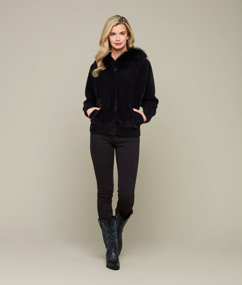 Silk, Cashmere, and Fur Hooded Jacket in Black