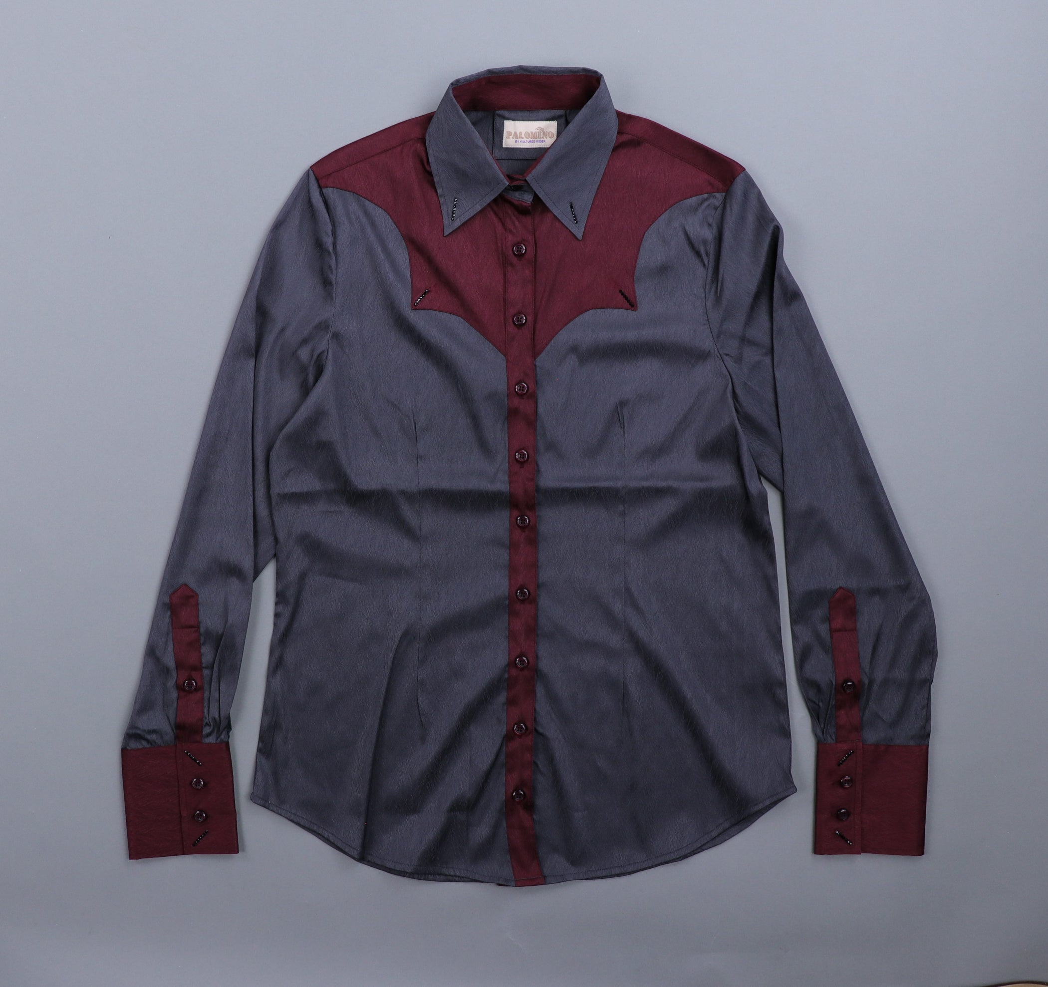 Palomino x Kultured Rider Show Shirt Grey/Burgundy Satin Chevron