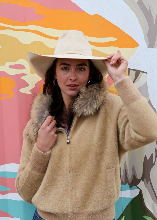 Silk, Cashmere, and Fur Hooded Jacket in Camel