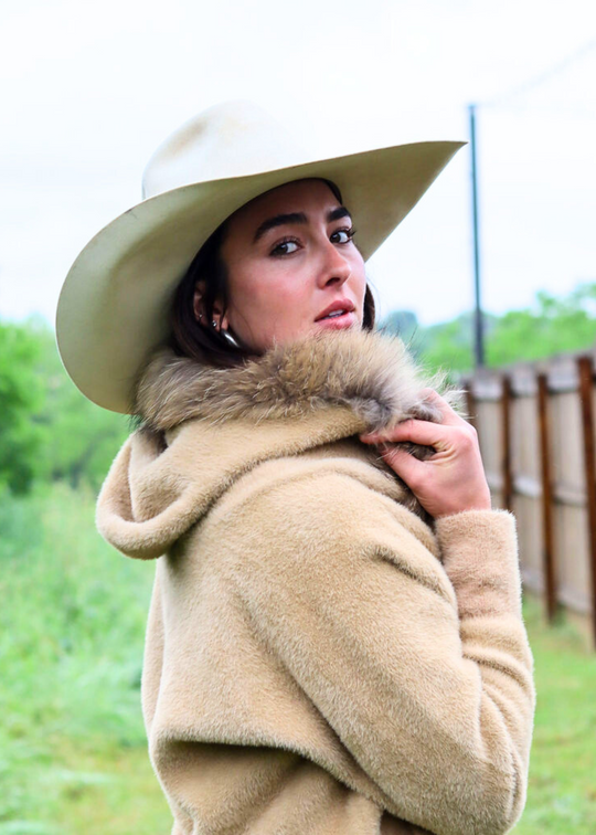 Silk, Cashmere, and Fur Hooded Jacket in Camel