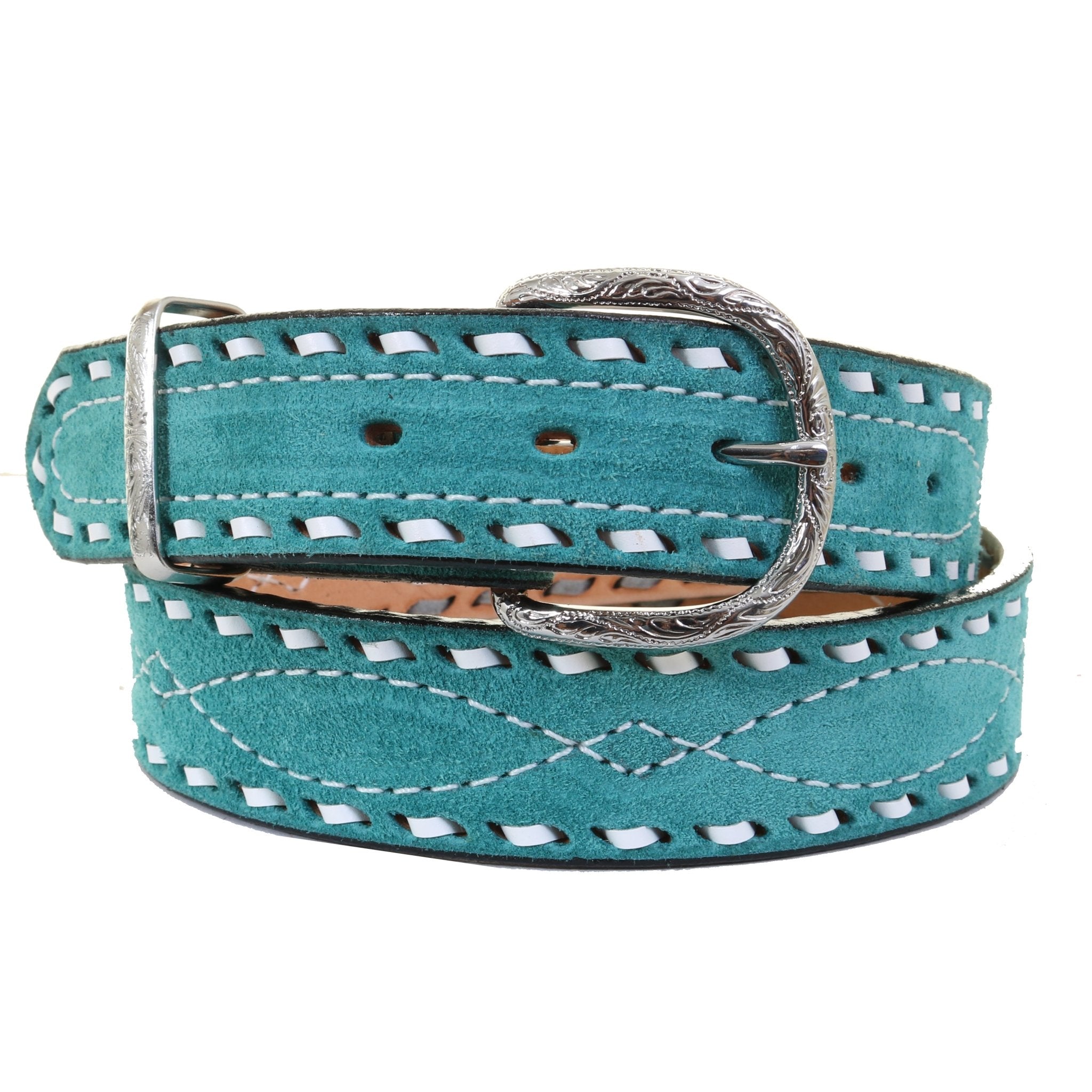 1 1/2" Suede Belt with White Boot & Buck Stitching