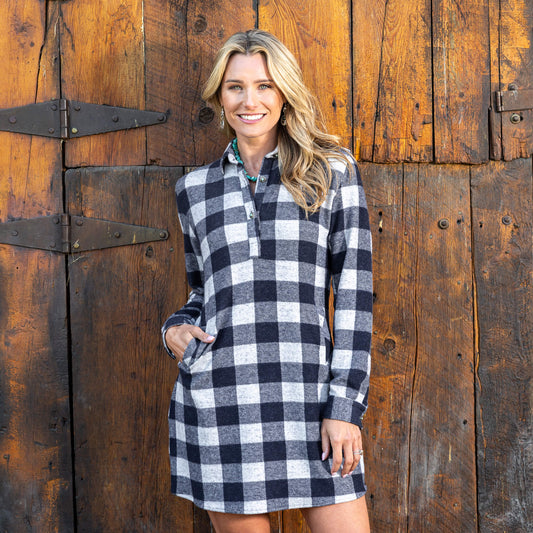 Bailey Shirt Dress in White & Grey Buffalo