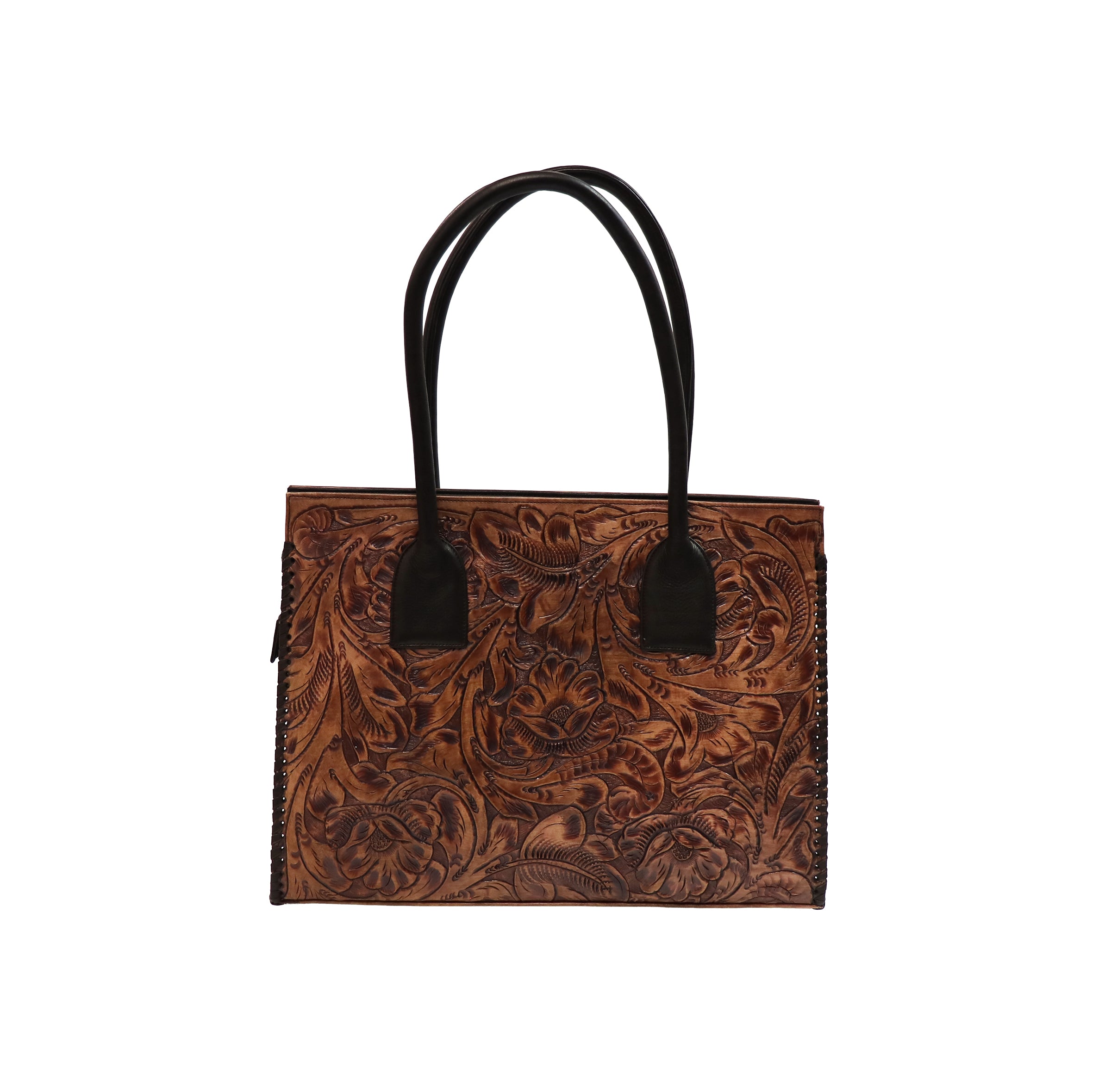 Hand Tooled Tote Bag with Bison Trim