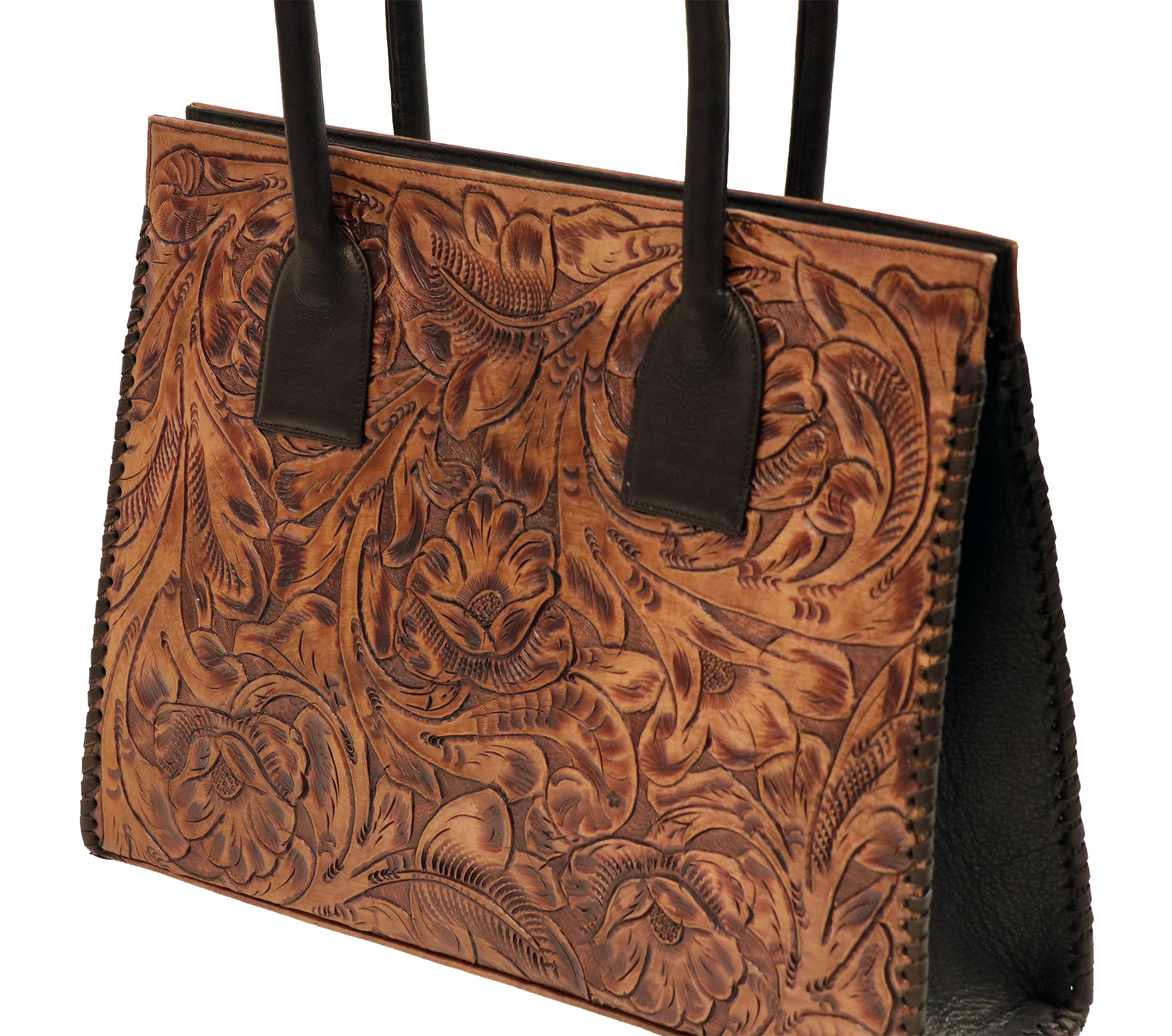 Hand Tooled Tote Bag with Bison Trim
