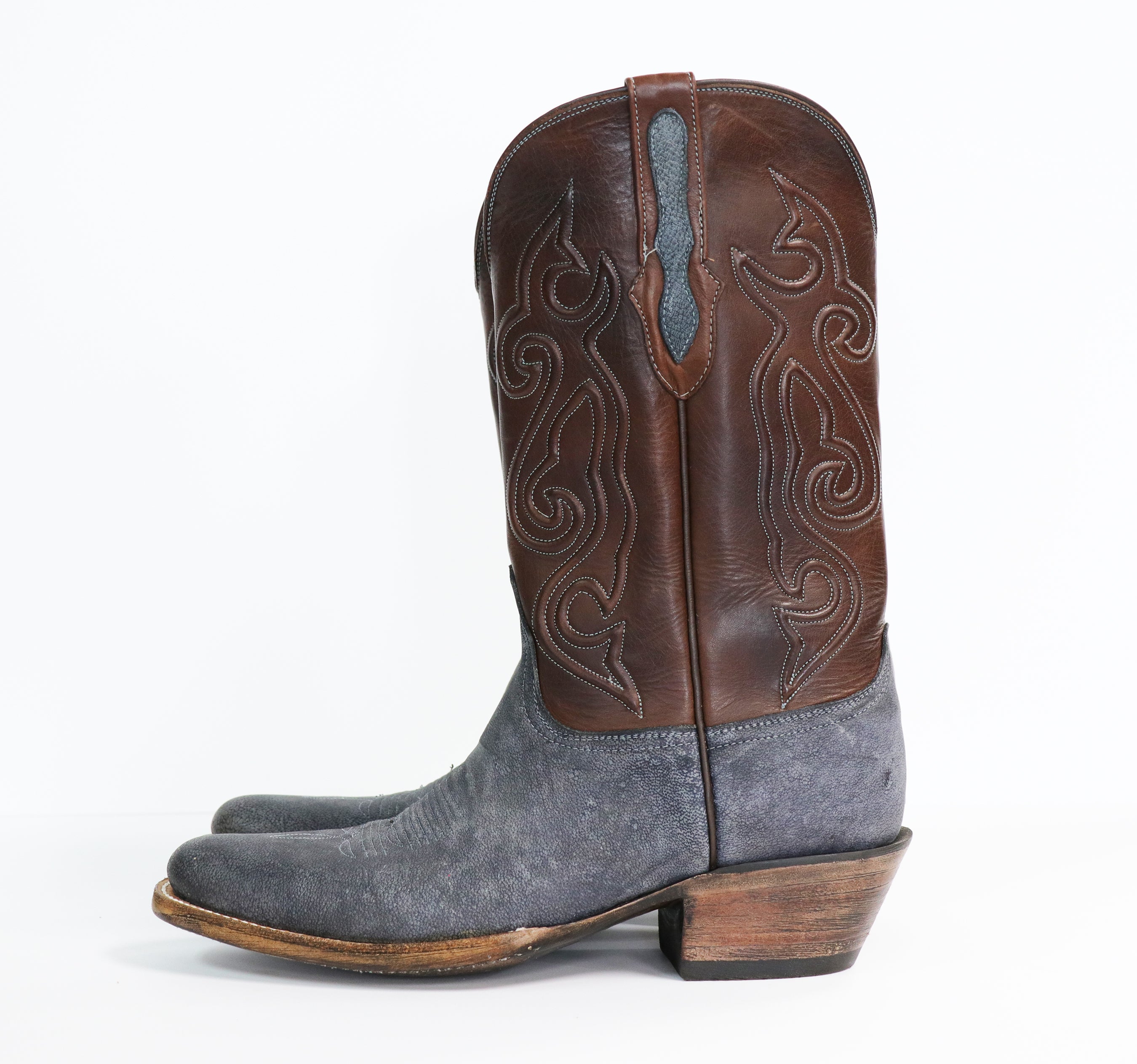 Camel Leather Cowboy Boots in Nubuck Denim