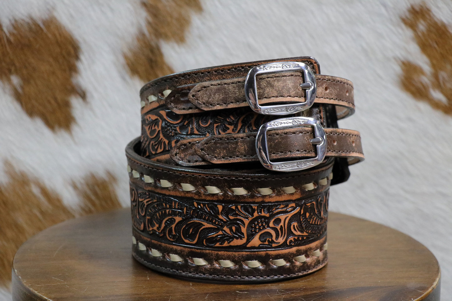 B807 Brown Vintage Buck Stitched Belt