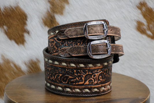 B807 Brown Vintage Buck Stitched Belt