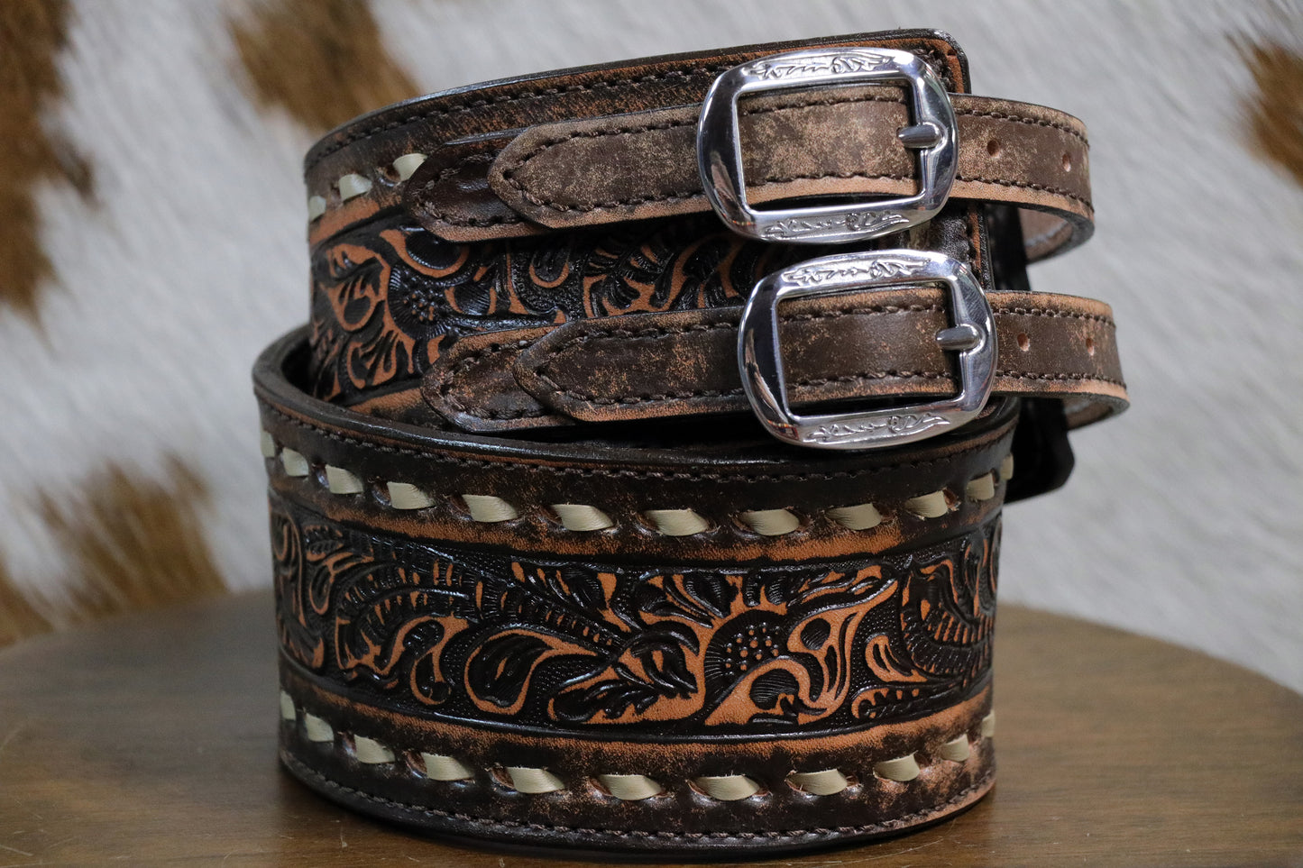 B807 Brown Vintage Buck Stitched Belt